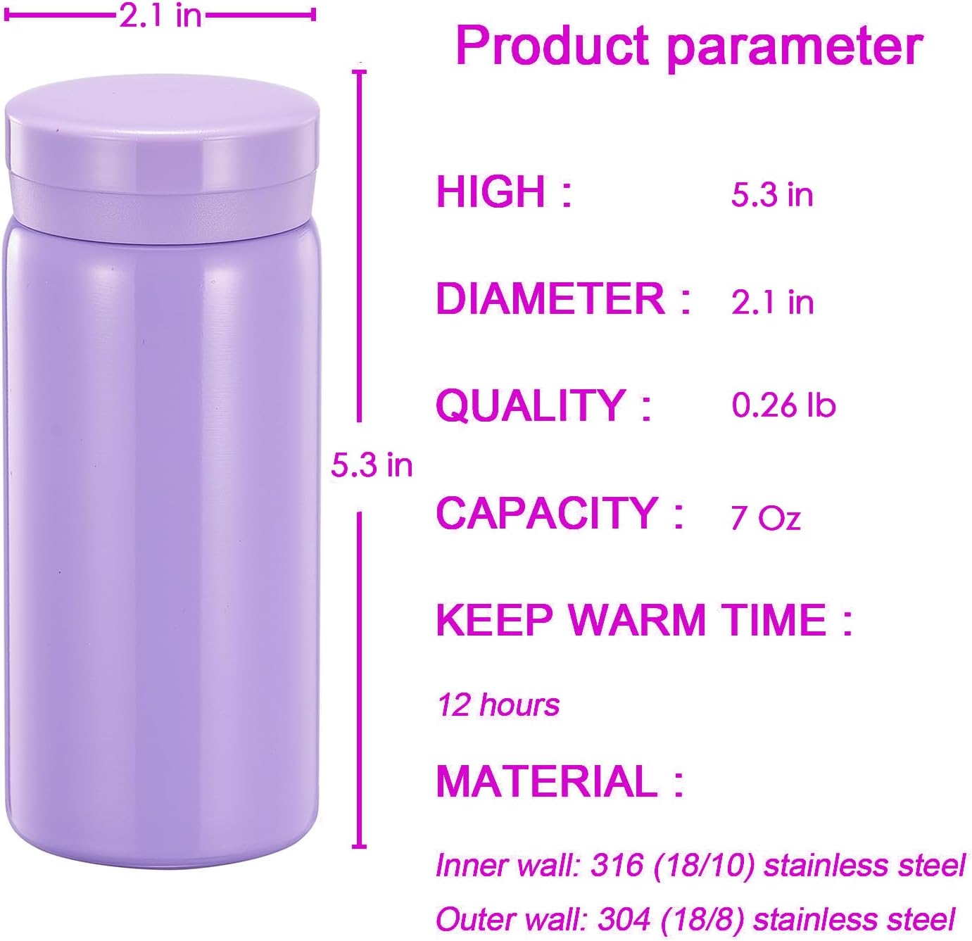 Mini Thermos Cute Water Bottle - 7 oz Tiny Insulated Vacuum 18/10 Stainless Steel Small Flask - Leak Proof & Spill Proof & Keeps Cold and Hot for Drink, Coffee, Tea - Purple - Image 2
