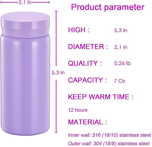 Miniatura 2 de Mini Thermos - Bonita botella de agua de 7 onzas, pequeña botella aislada al vacío de acero inoxidable 1810, a prueba de fugas y derrames, mantiene