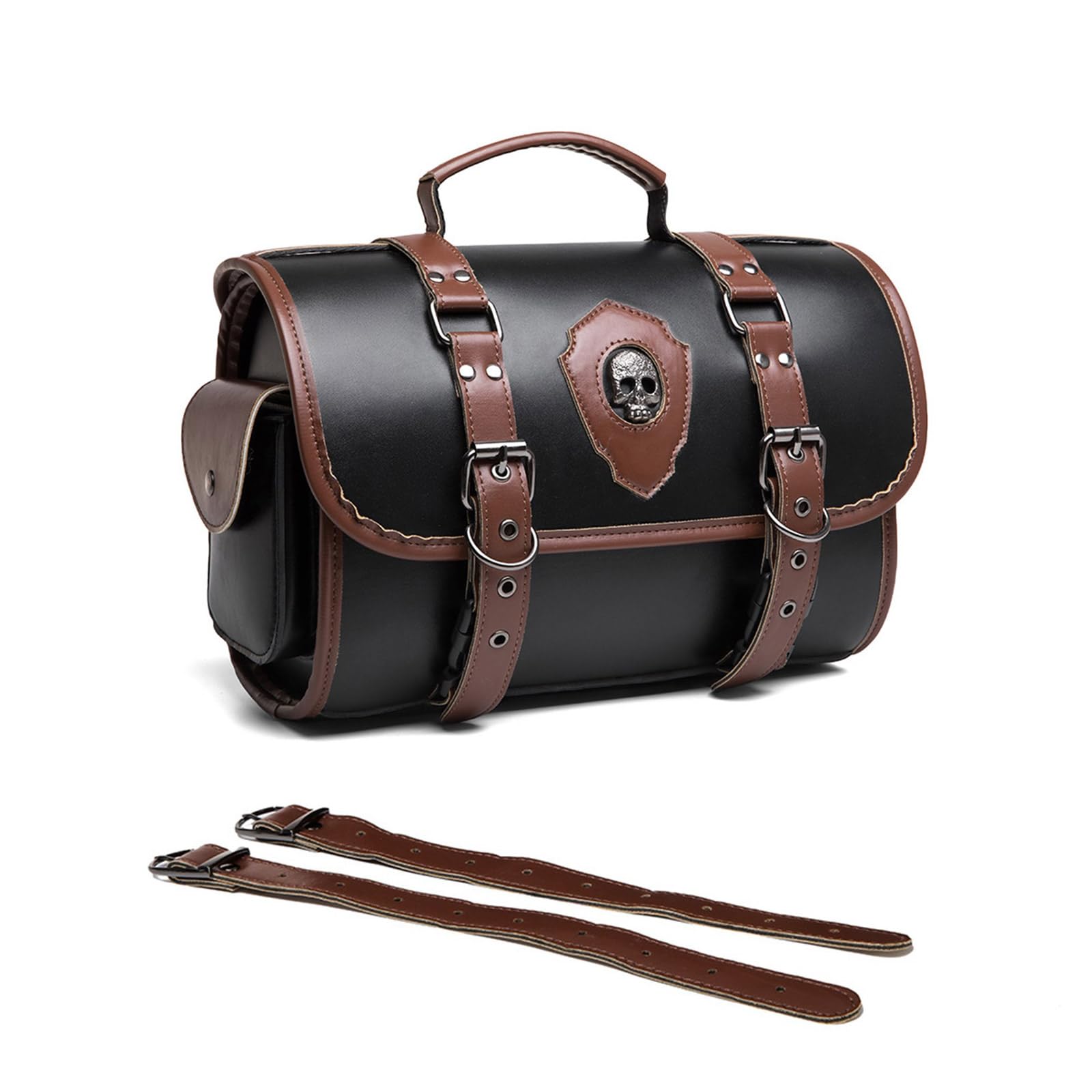 Sac à outils de moto avec 2 sangles en cuir PU Sac de rangement de bagages Style rétro Grande capacité pour Voyage Noir