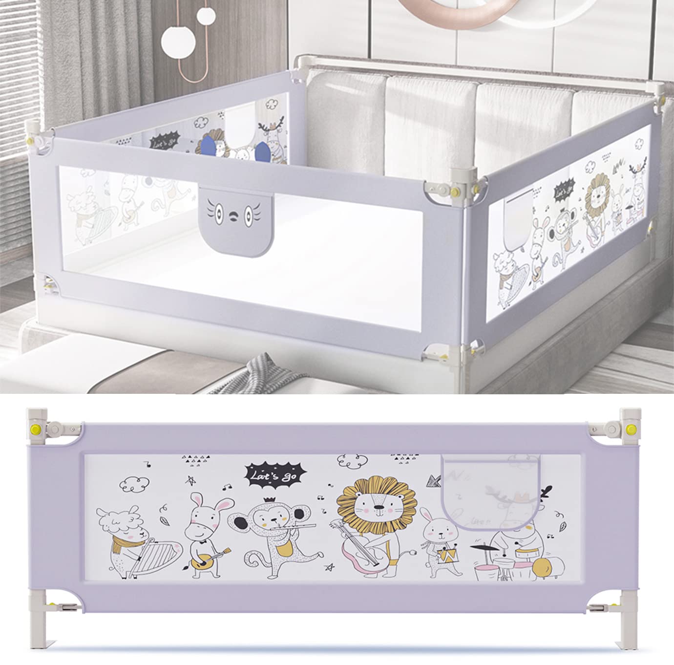 Baby Guard Bed Rails for Toddlers-Multi Gear Adjustable Height Seamless Press Bed Guardrail for Kids Great Fit for Twin, Double, Full-Size Queen & King Mattress (180cm, animal park)