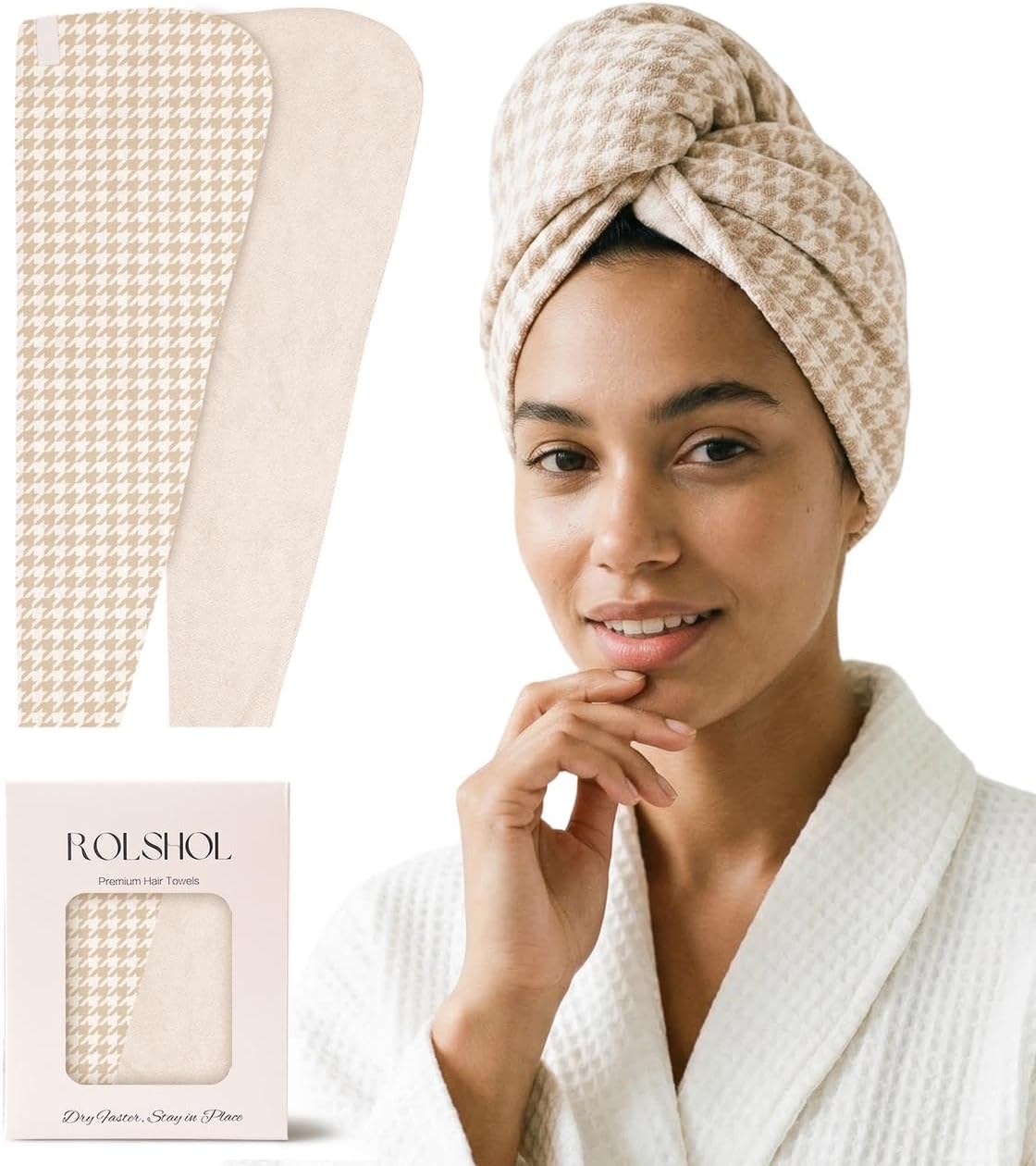 ROLSHOL Microfiber Hair Towel Wrap for Women, 100% Cotton Ultra Absorbent 32" x 11" Oversized Hair Towel for Curly, Long & Thick Hair(Apricot)