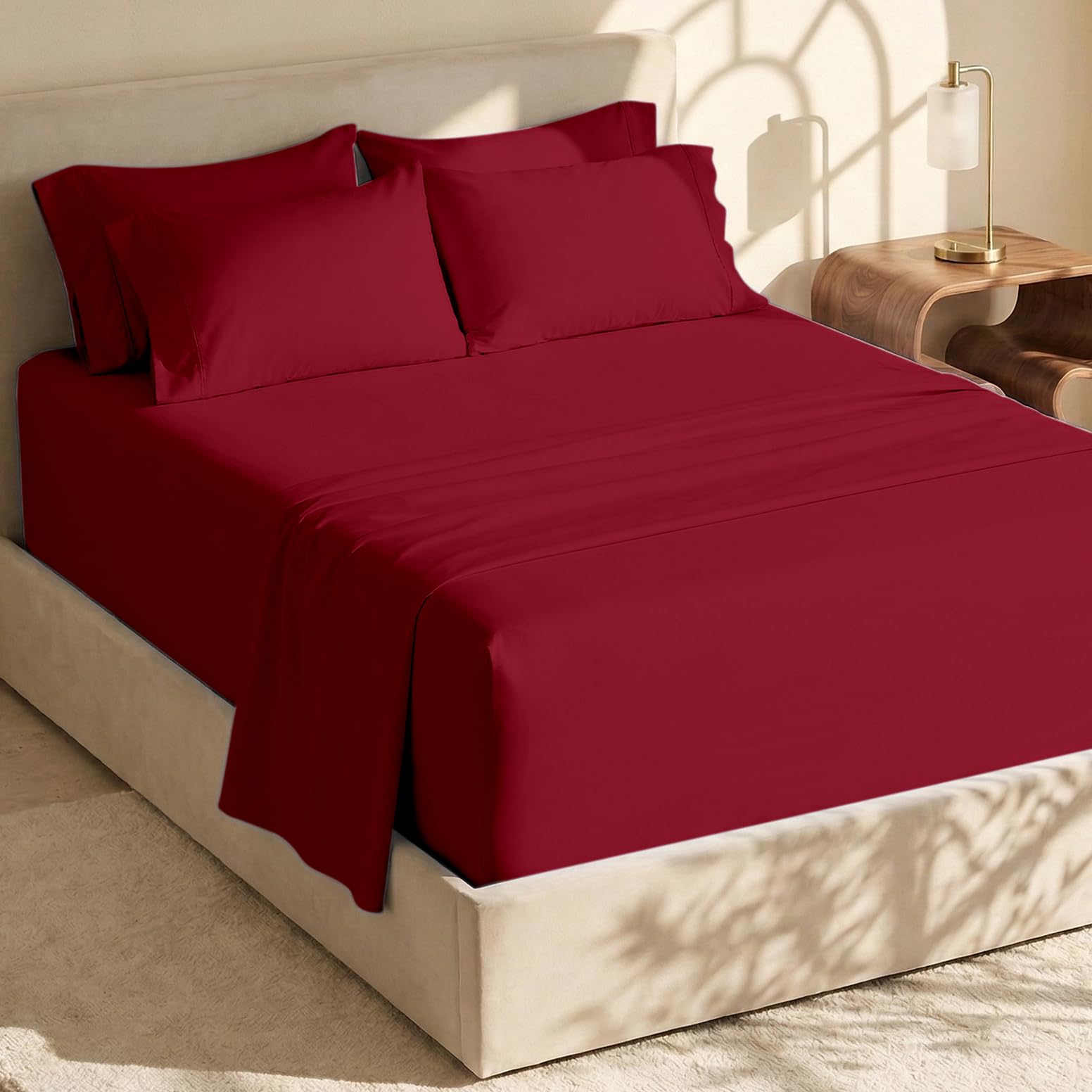 Hearth & Harbor 6 Piece Bed Sheet Set Extra Deep Pocket, Fits Mattress from 18-24 inces Depth, Split King, Burgundy
