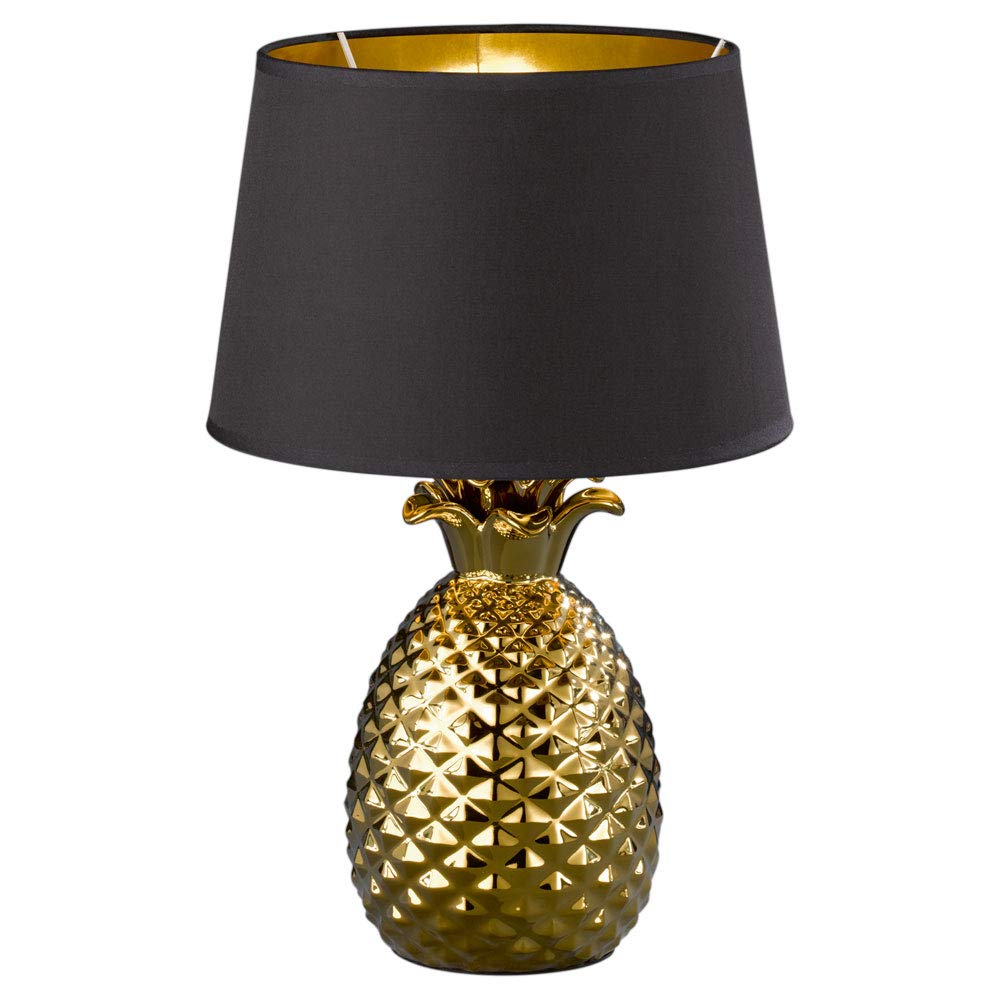 Reality Leuchten Pineapple R50431079 Tischleuchte, Keramik, Stoffschirm Schwarz/Gold, Höhe 43cm