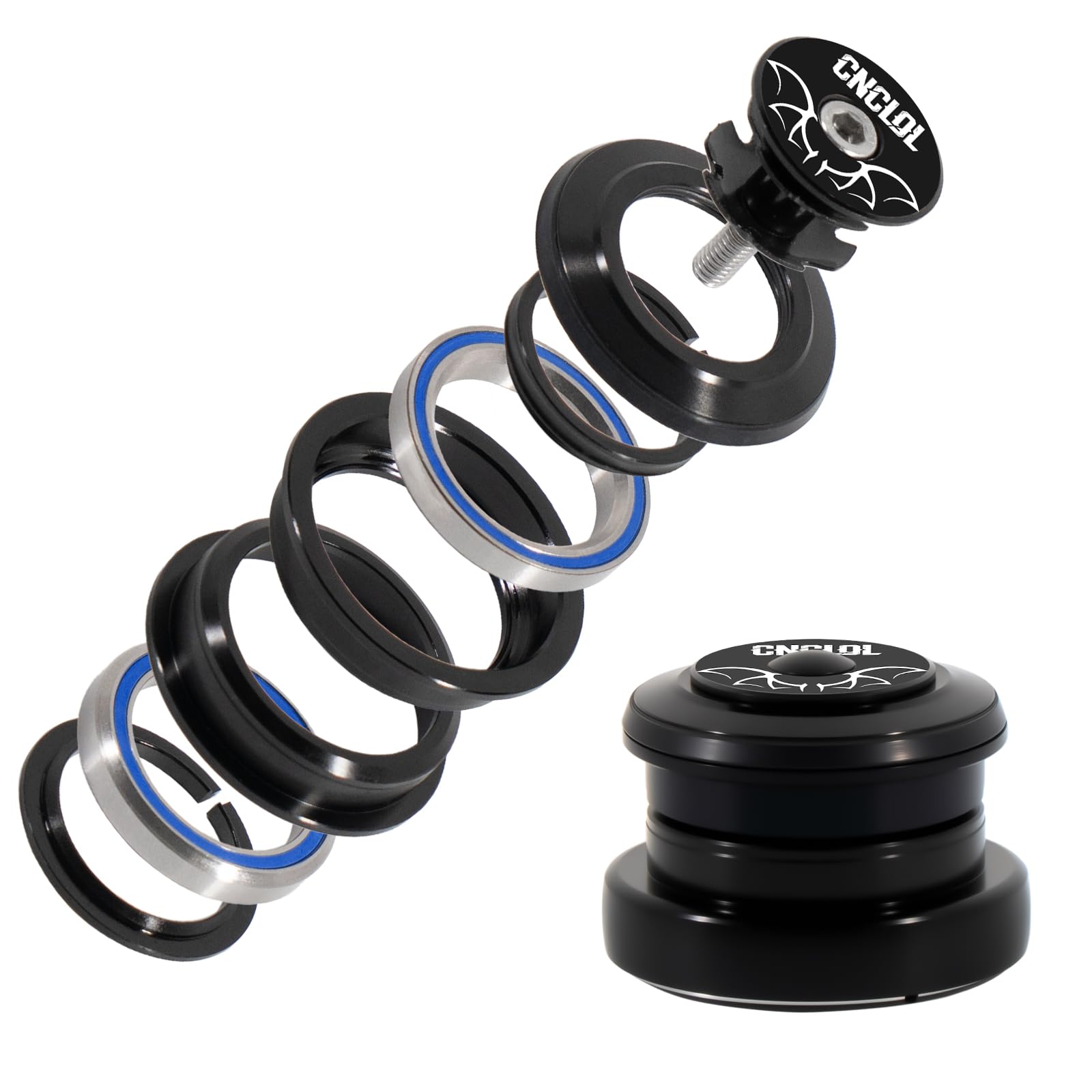 CNCLOL 1-1/8 Bike Headset 44mm, MTB Threadless Semi-integrated, Tapered to Straight Tube Bicycle Headset Kit for 1-1/8in to 1-1/2in Tapered Tube Fork for Bmx/Mountain/Road Bike