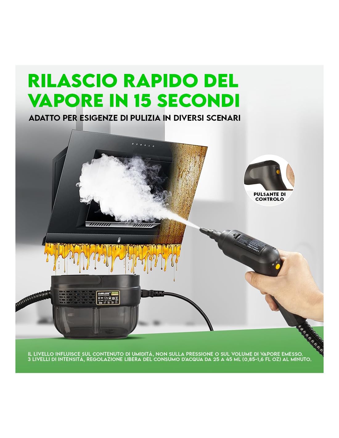 Mediawave Store Pulitore a Vapore Portatile Multiuso ad Alta Pressione 1600ml - 7 Accessori Pulizie Specifiche - Uso Domestico Vetri Finestre, Divani e Tappeti - Auto per Sedili, Tappezzeria e Angoli