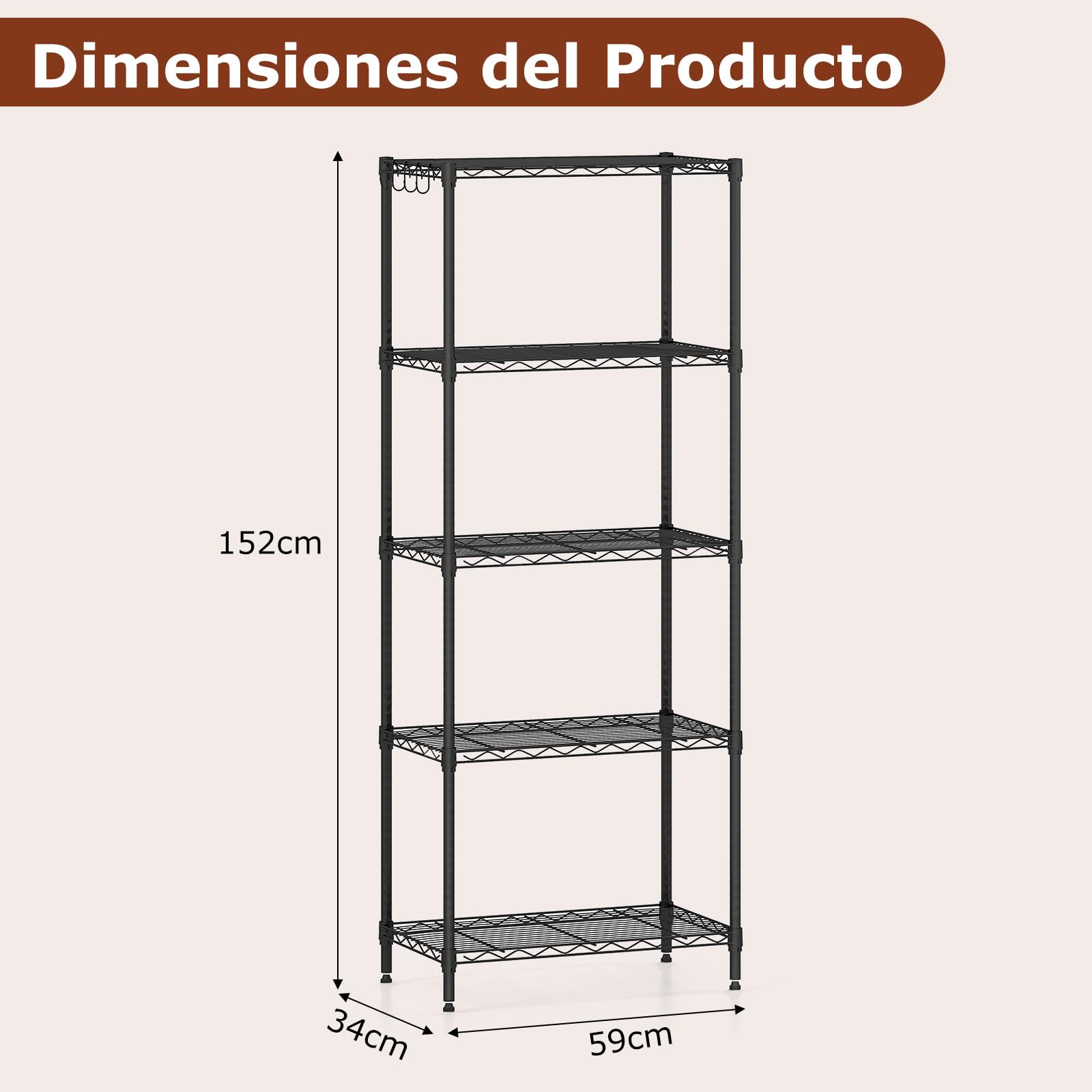 COSTWAY Estantería Metálica de 5 Niveles, Estanterias Almacenaje con Estante Ajustable, Rejilla de Alambre, Carga 340kg, Garaje, Cocina, Dormitorio, 59 x 34 x 152 cm (59 x 34 x 152 cm)