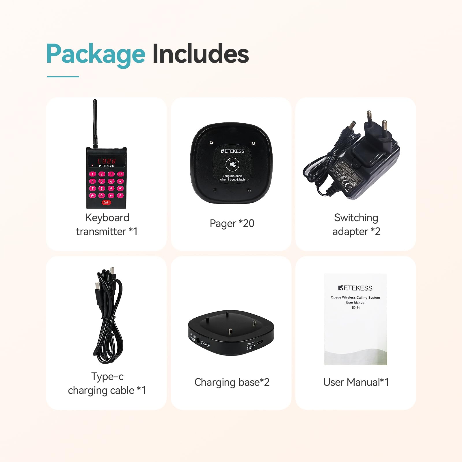 Retekess TD161 Cercapersone per Ristorante, 500M Pager Wireless, Tastiera Rimovibile, Facile da Configurare, 300 mAh 20H, Cercapersone Cliente per Zoo, Logistica, Pub (20 cercapersone)