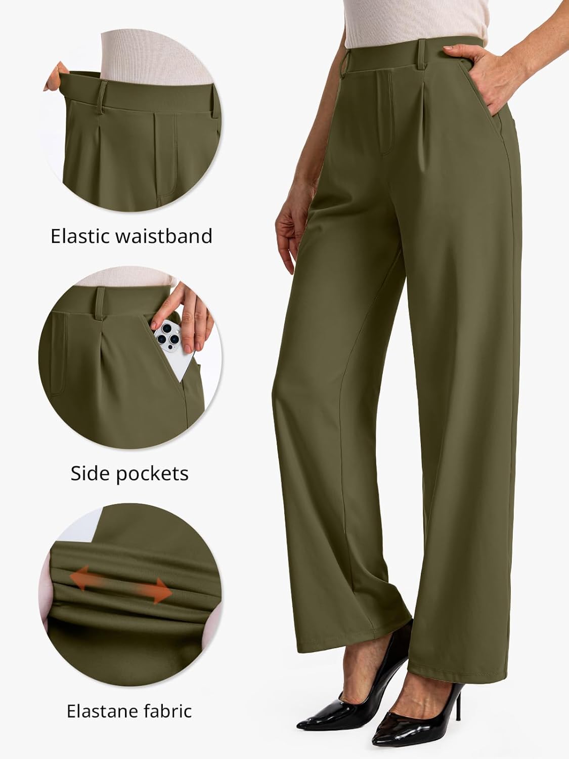 Feiersi Womens Dress Pants Wide Leg Stretchy Work Pants High Waisted Pull On Casual Trousers with Pockets - Image 4