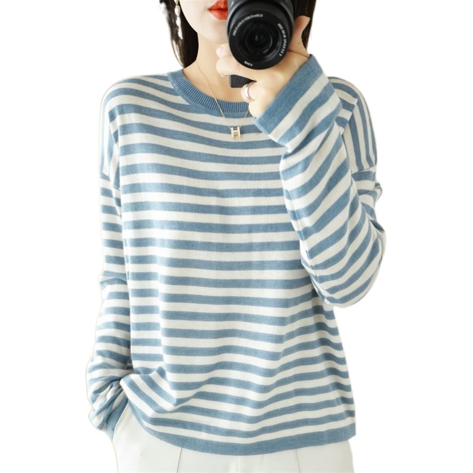 IONIKKWomens Sweaters Autumn Winter Women O-Neck Cashmere Sweater Casual Striped Long Sleeve Loose Pullovers (Color : Hortel�, Size : XL)