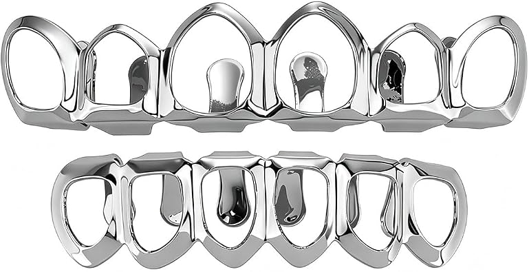 Open Face Grills for your teeth 6/8 Top and Bottom Teeth Grillz Set Hollow Teeth Covers Dental Grillz for Men Women Hip Hop Cosplay Rapper