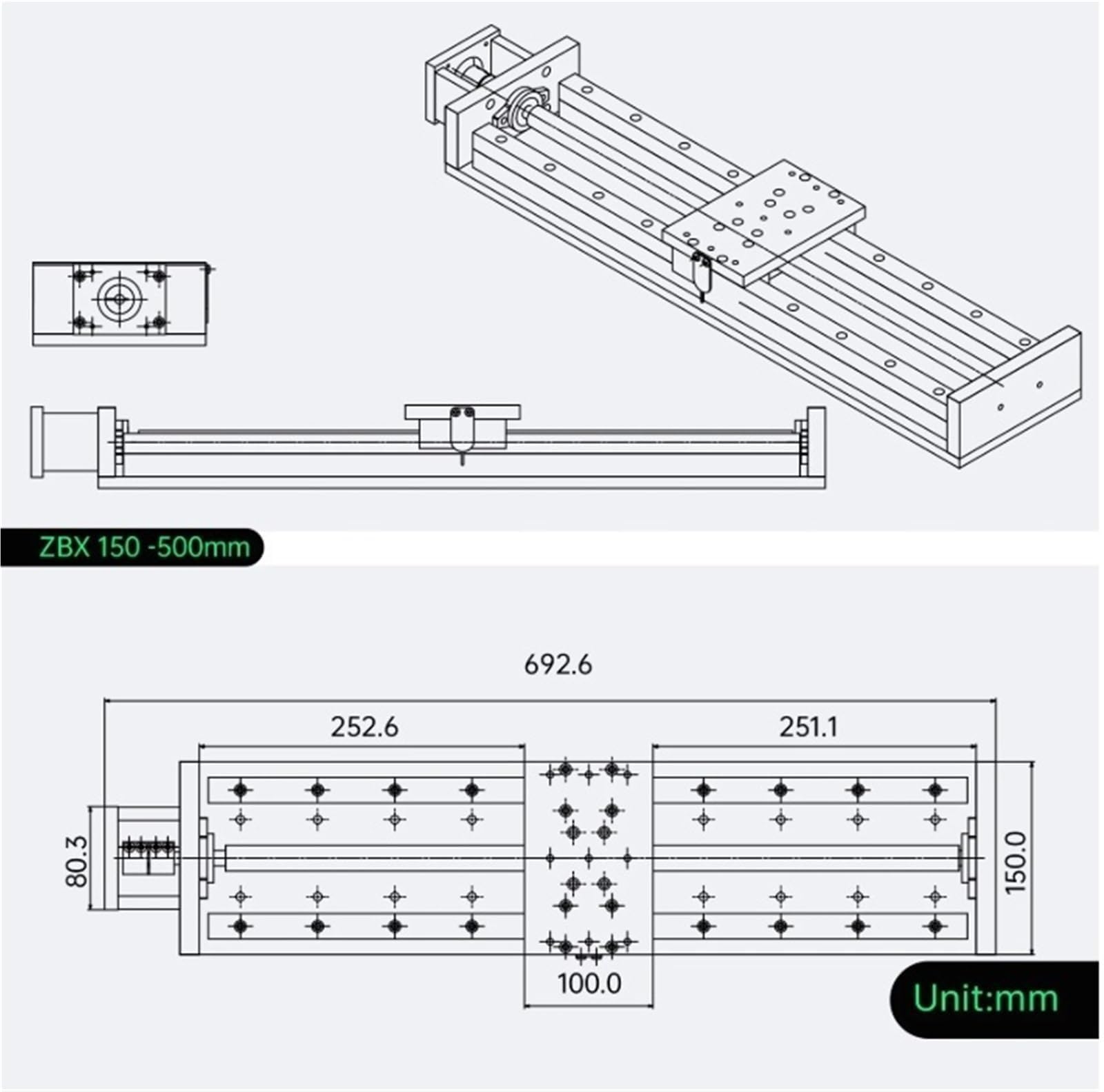 CNC 150mm Szerokość 150mm Oś Liniowa Prowadnica Siłownika Ruchu Siłownika Roboczego ZB-X150 100 200 300 400MM (Travel 600mm)