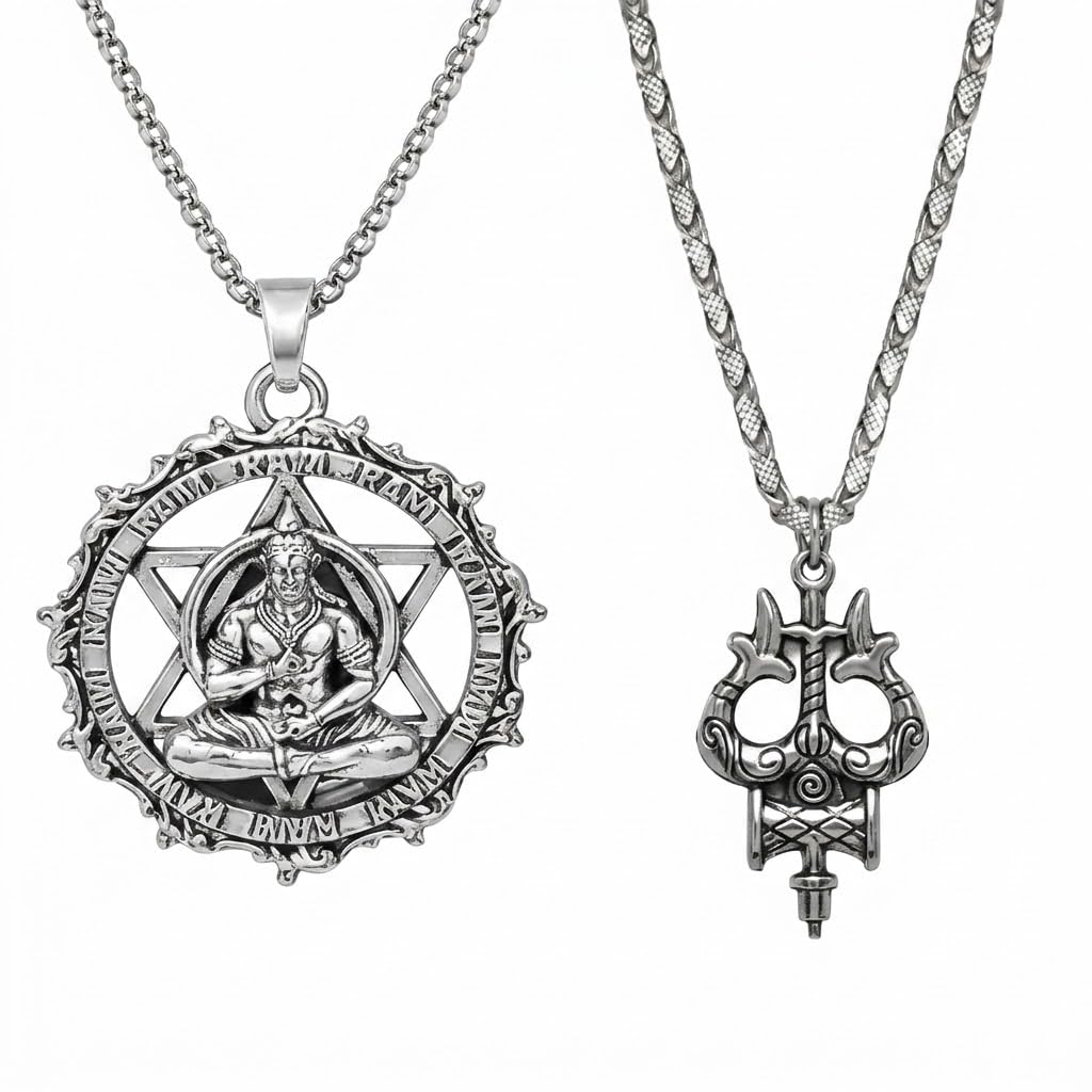 Hanuman Pendant with Trishul Necklace for Men Silver Tone Stainless Steel Spiritual Bajrang Bali Locket Chain Hindu Religious Jewelry Gift for Men Boys Premium Stylish Daily Wear Combo Set of 2-image-22