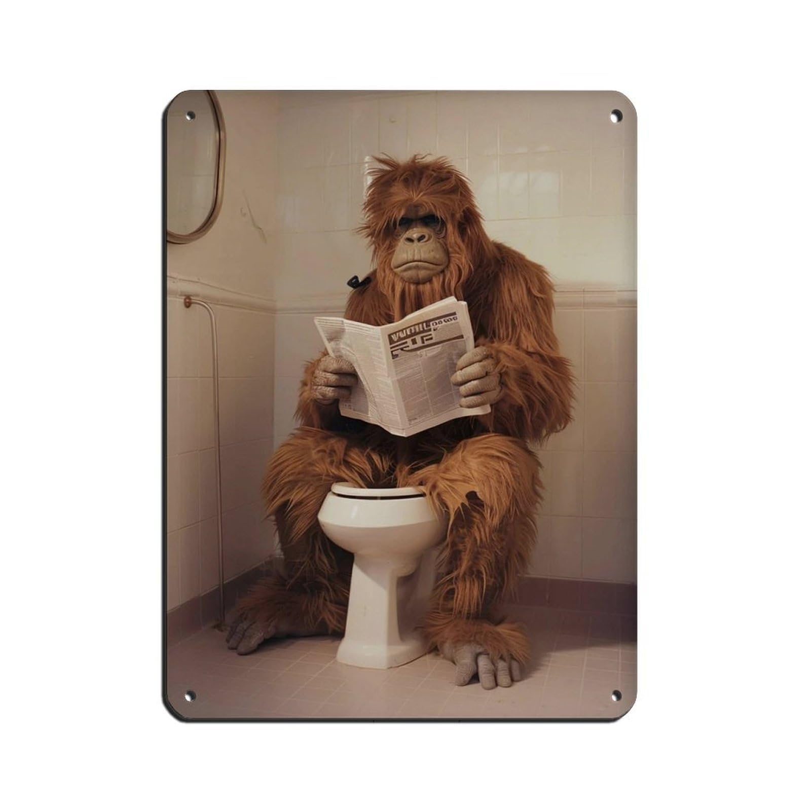 Sasquatch Sitting on The Toilet Reading A Newspaper (3) Retro Poster Metal Tin Sign Chic Art Retro Iron Painting Bar People Cave Cafe Family Garage Poster Wall Decoration 12x16inch(30x40cm)