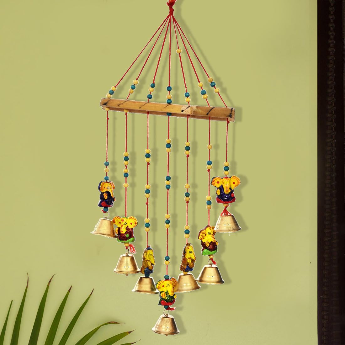 Brown Leaf Handmade Rajasthani Handcrafted Wooden Elephant Wall Hanging Home D�cor Wind Chimes with Bells for Temple, House, Festivals Diwali Gift Festive Decoration(Pack of 1) (Ganesha Design)-image-48