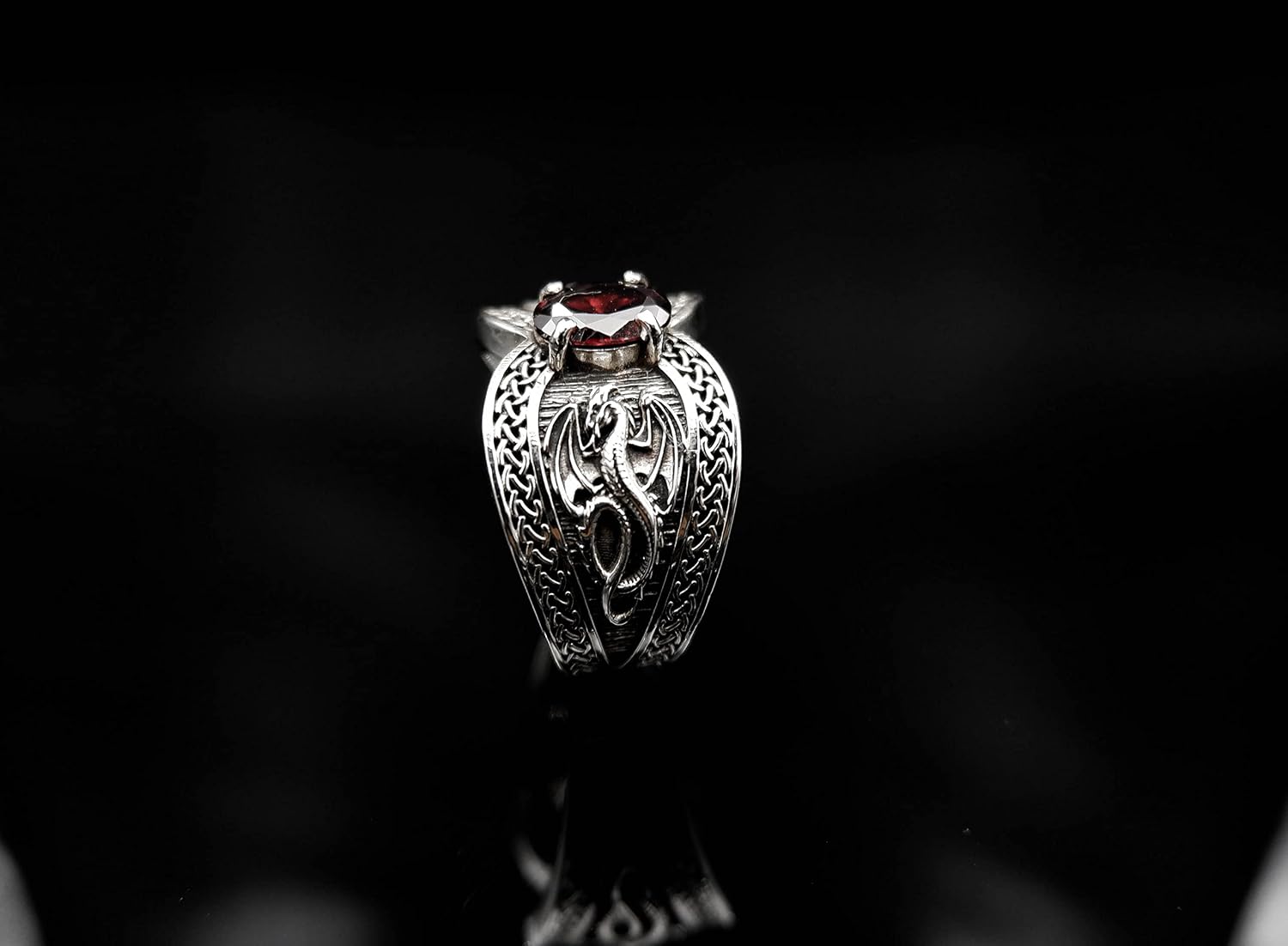925 Sterling Silver CZ Red Stone Dragon Ring Punk Viking Nordic Biker Jewelry