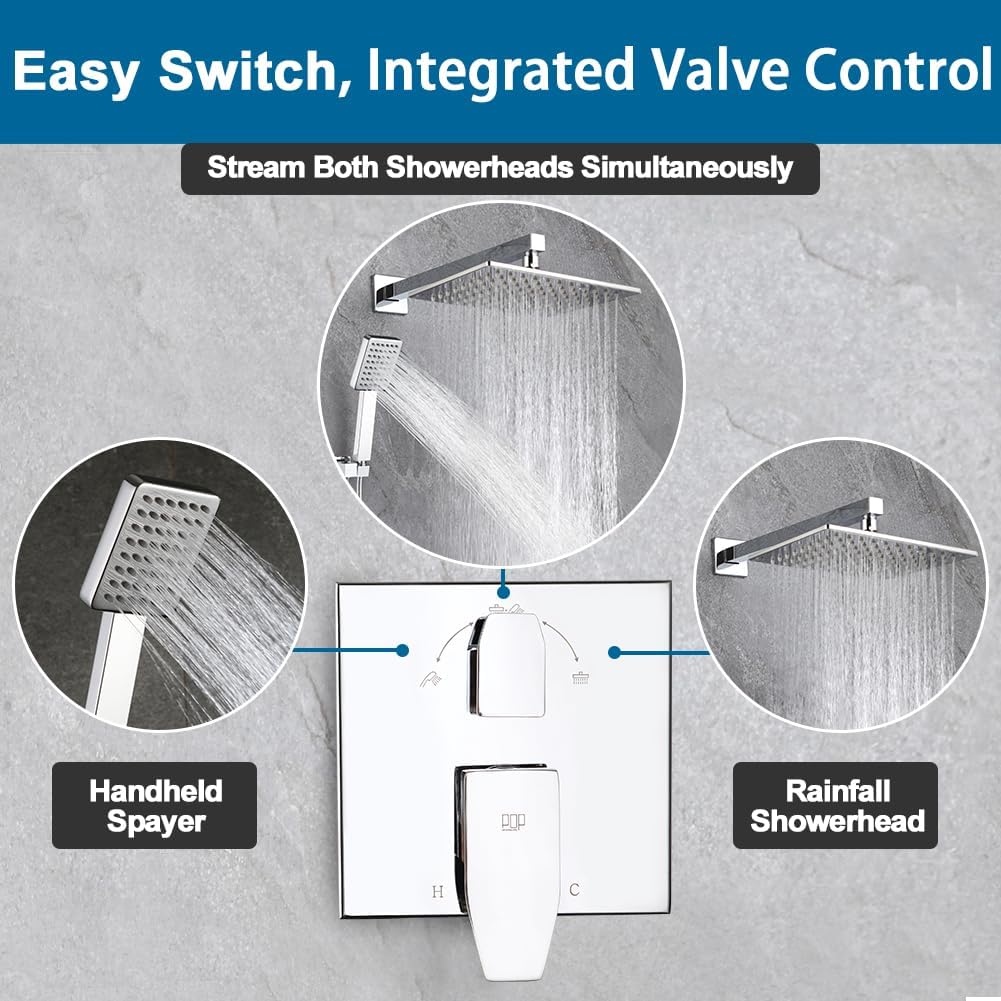 POP SANITARYWARE Shower Faucet Set Chrome 10 Inch Shower Head and Handle Set Bathroom Rain Shower System Wall Mounted Shower Fixture Include Shower Valve and Trim Kit