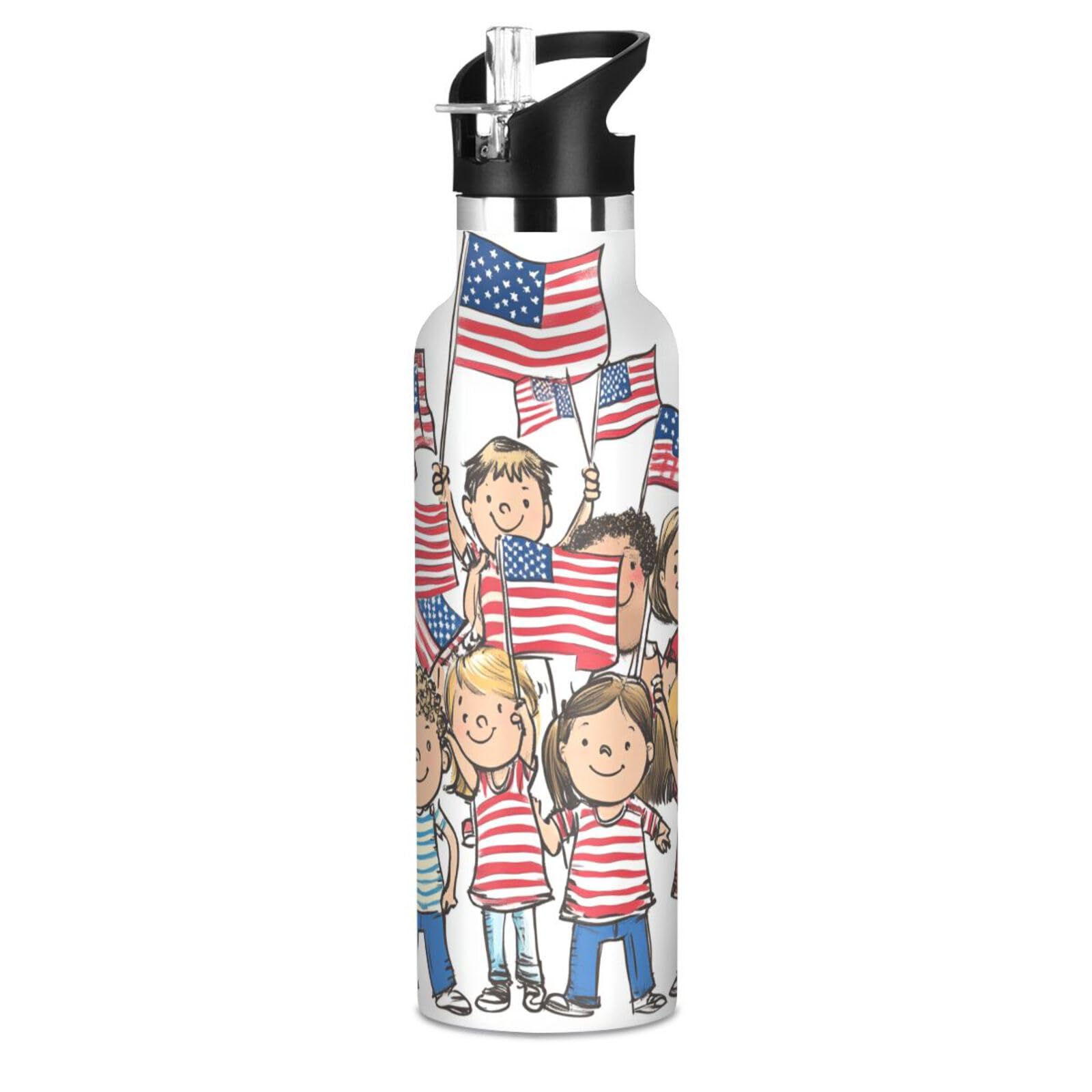 Kids Waving American Flags BPA-Free Leak Proof Sports Water Bottle with Straw Double-Wall Insulation for Gym Sports 20