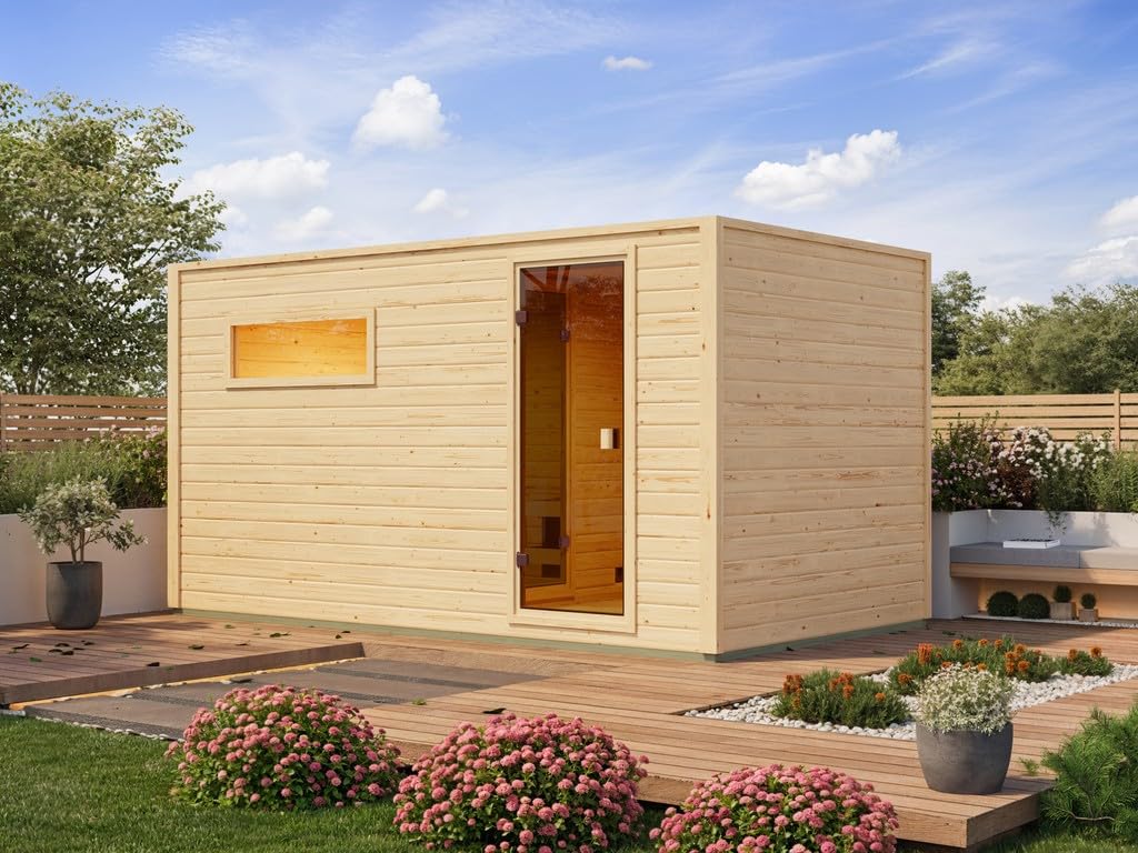Karibu Gartensauna 396,1x224,9x212,4cm│Außensauna mit Vorraum│mit bronzierter Glastür & 2 Liegen│Fronteinstieg│Massivholz│für 2–4 Personen + Boden