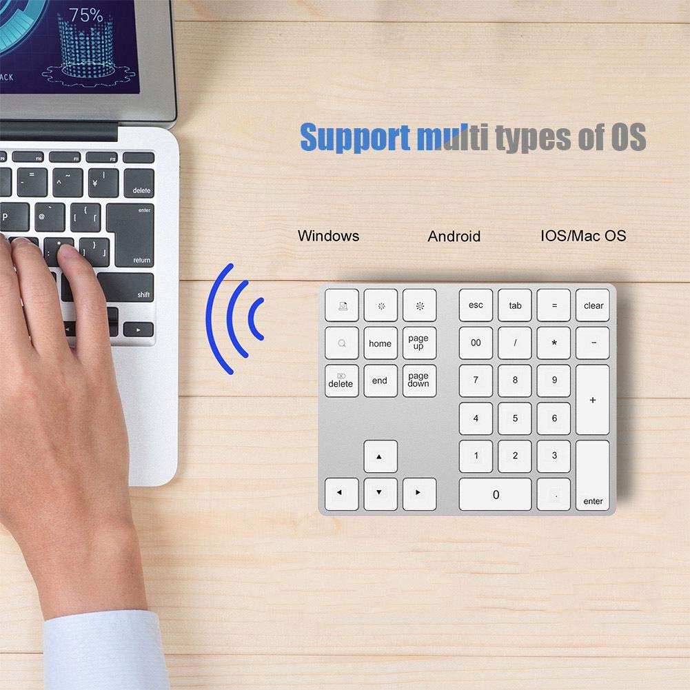 Bewinner Tastierino Numerico Bluetooth Esteso, USB Tastiera Ricaricabile di 34 Tasti, Wireless Portatile Tastierino Numerico Sottile Compatibile con OS/Android