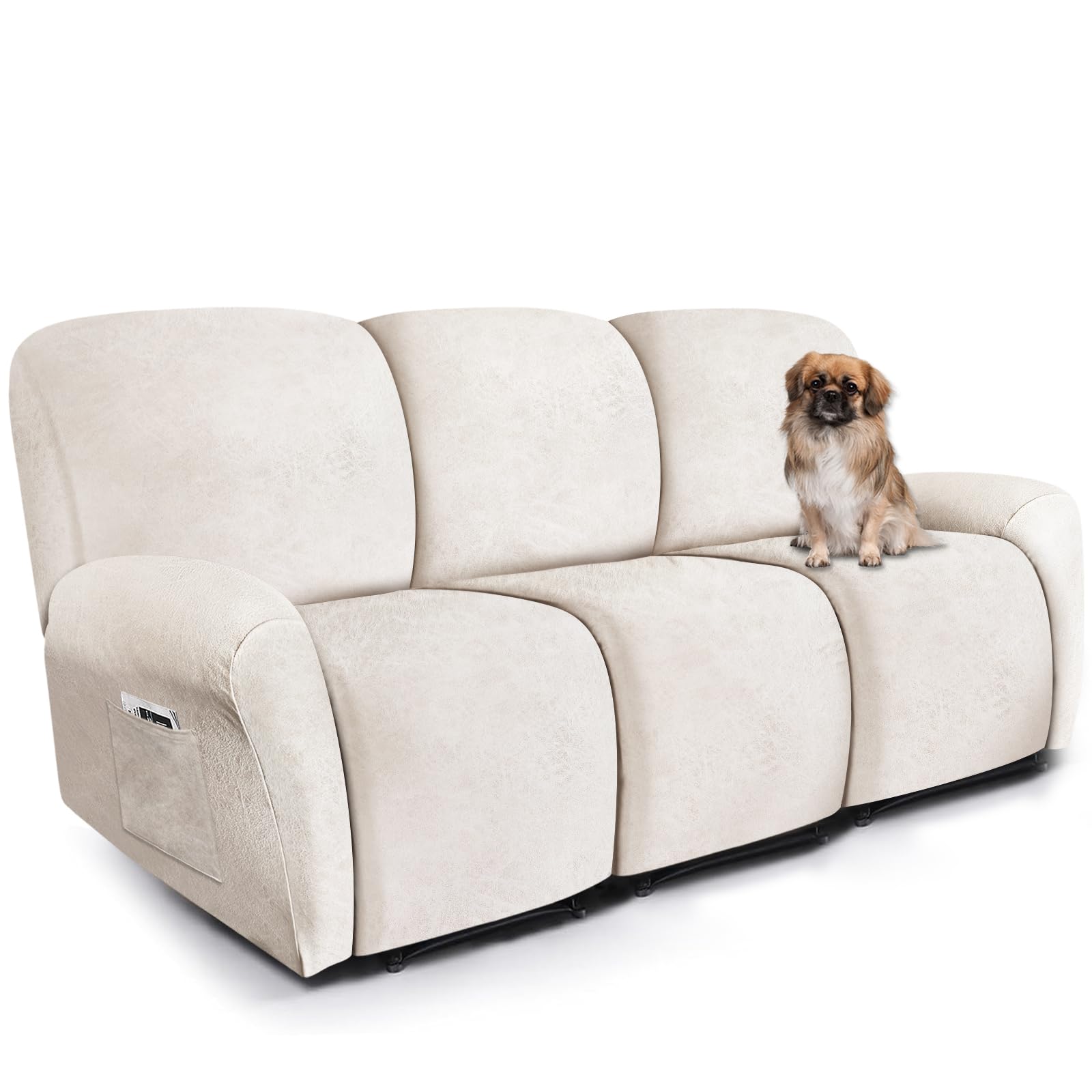 ANARACHON Recliner Couch Cover Leather Look Recliner Sofa Covers for 3 Cushion Reclining Sofa Slipcovers 8-Pieces Furniture Protector Spandex Fabric Washable (3 Seater, 02 Beige)
