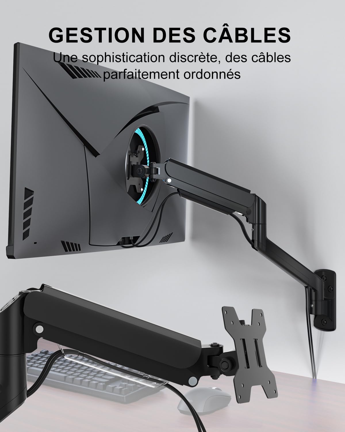 WALI Support Mural Ecran PC pour Écrans LED/LCD/TV 17-32 Pouces,Réglable Pivotant Inclinable,Charge 10 kg, Extension 49 cm,VESA 75/100 mm (GSWM001),Noir