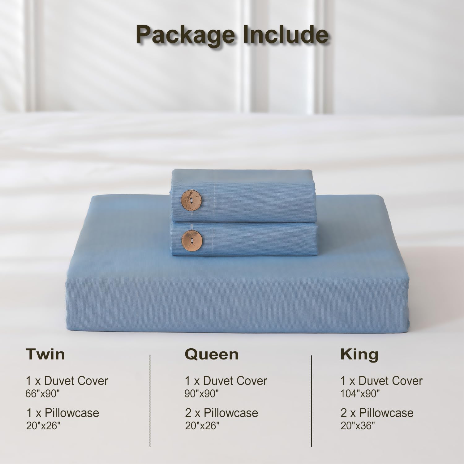 MUKKA Juego de funda de edredón tamaño King, cierre de botón de coco, estilo similar al lino, 145 g, peso duradero, microfibra cepillada, suave, moderna, funda de edredón tamaño Queen (azul medio