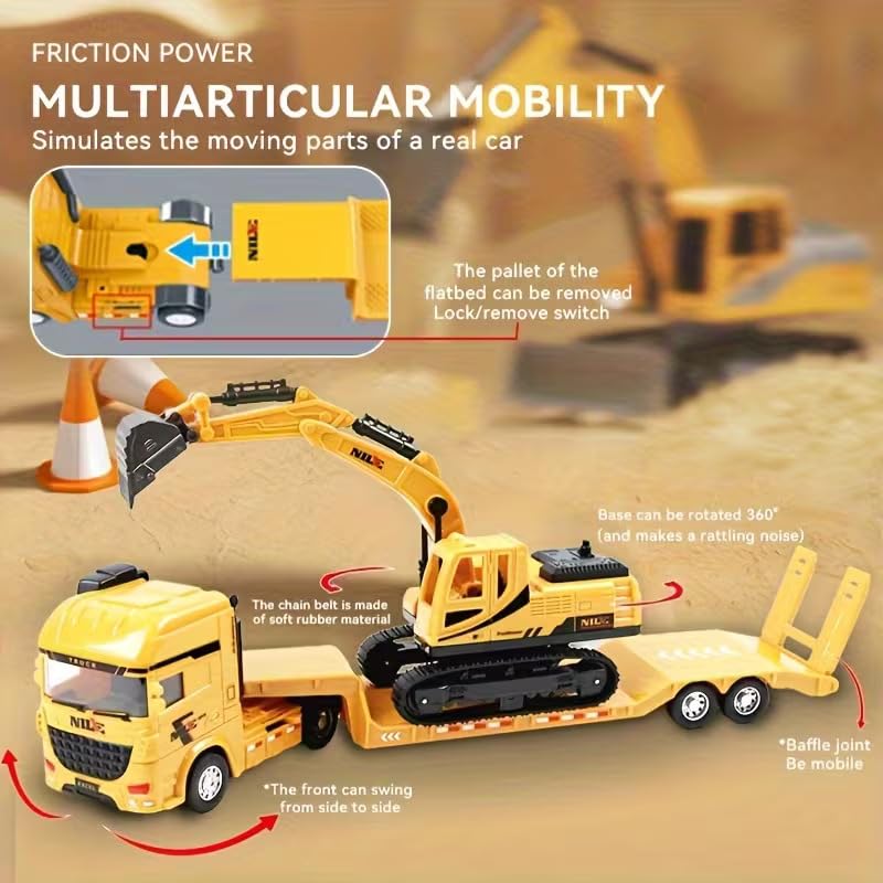 Image of Friction Powered Construction Transport Truck with Excavator Toy for Kids | Car Carrier Trucks with Movable Arm & Detachable Trailer| Engineering Vehicle for Boys & Girls (Multicolor)