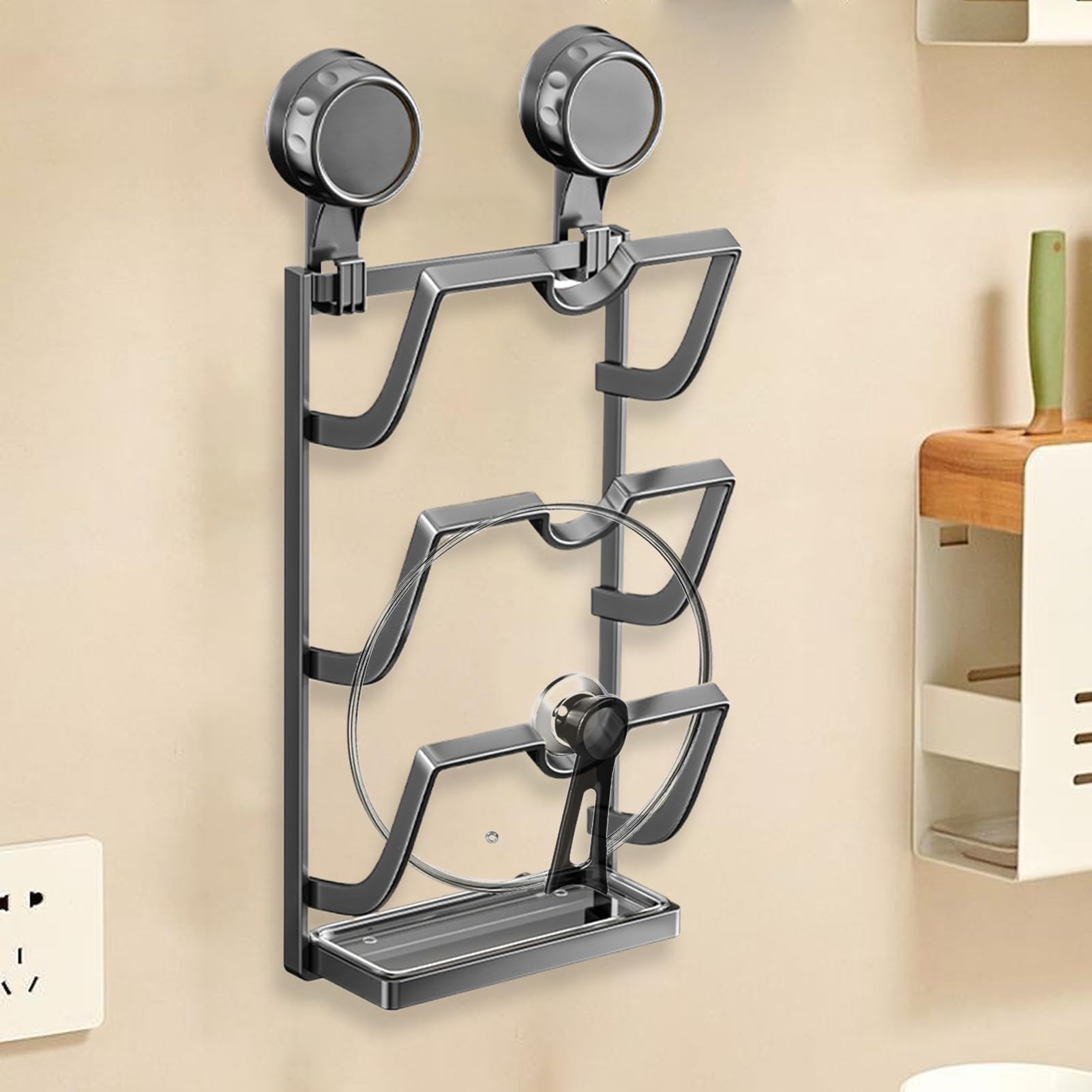 Topfdeckelständer | 3-stufiger Topfdeckelhalter for Schranktür oder Wand | Kein Bohren, platzsparende Aufbewahrung for Wohnmobil-Küchenschranktür, Speisekammer(Gun Grey)