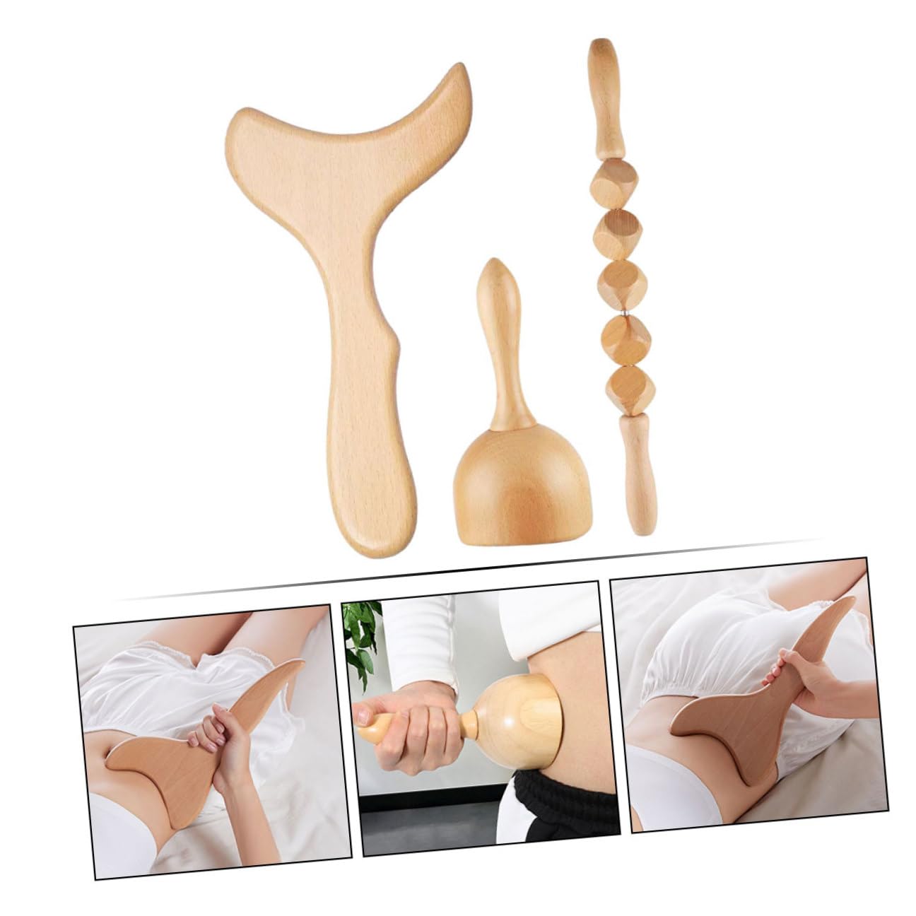 Set 1 di Massaggiatore Manuale in Legno Kaki, Bastone 3 Pezzi | Scraping Board, Massage Roller e Scraping Cup Inclusi, Design Unico, Leggero e Portatile per Adulti
