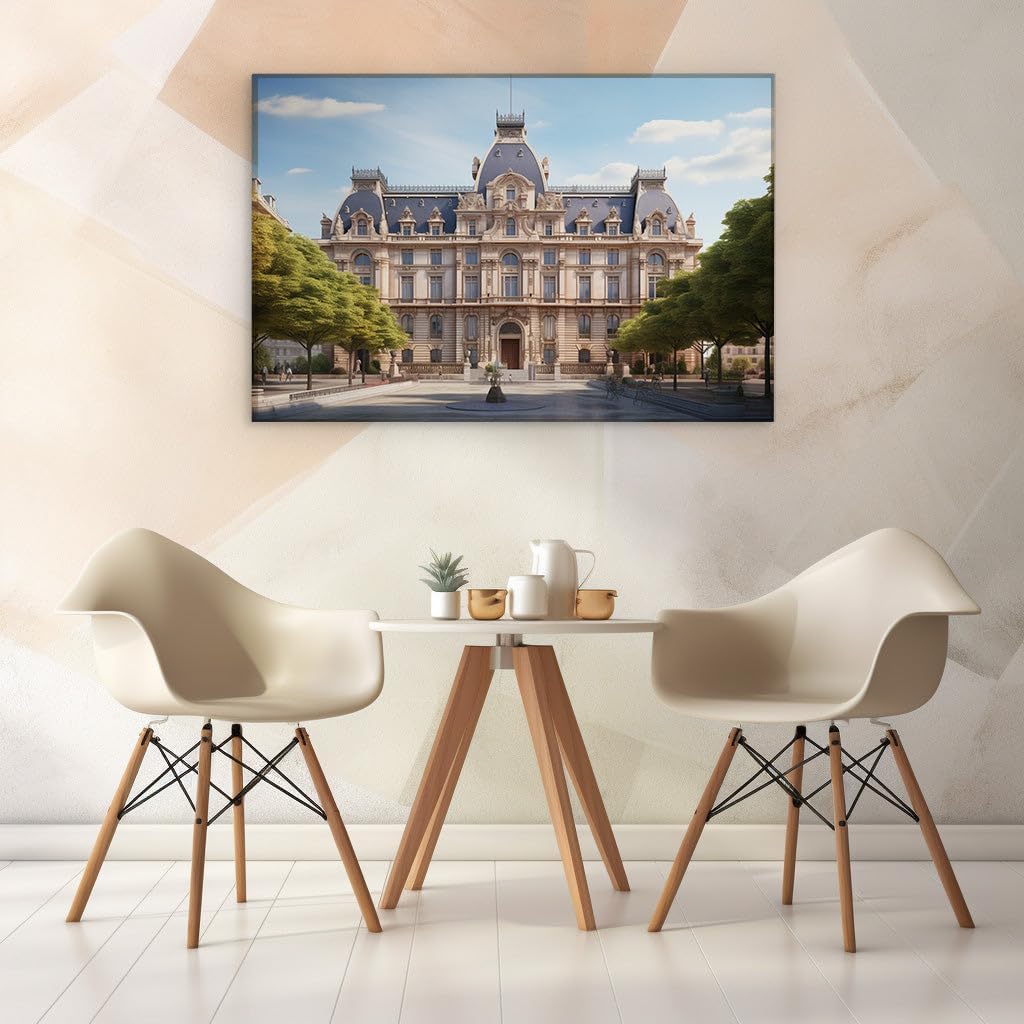 Canvas for Living room. Majestic Heritage: A Timeless Edifice Wrapped in Nature's Embrace Against the Azure Sky, 27 x 18 inch Canvas Wall Art - Contemporary Masterpieces - Modern Home Decor