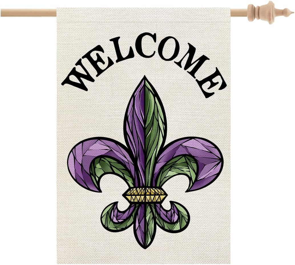 CROWNED BEAUTY Mardi Gras Fleur de Lis Welcome House Flag 28×40 Inch Big New Orleans Vertical Double Sided for Outside Yard Carnival Celebration Farmhouse Décor CF031-40