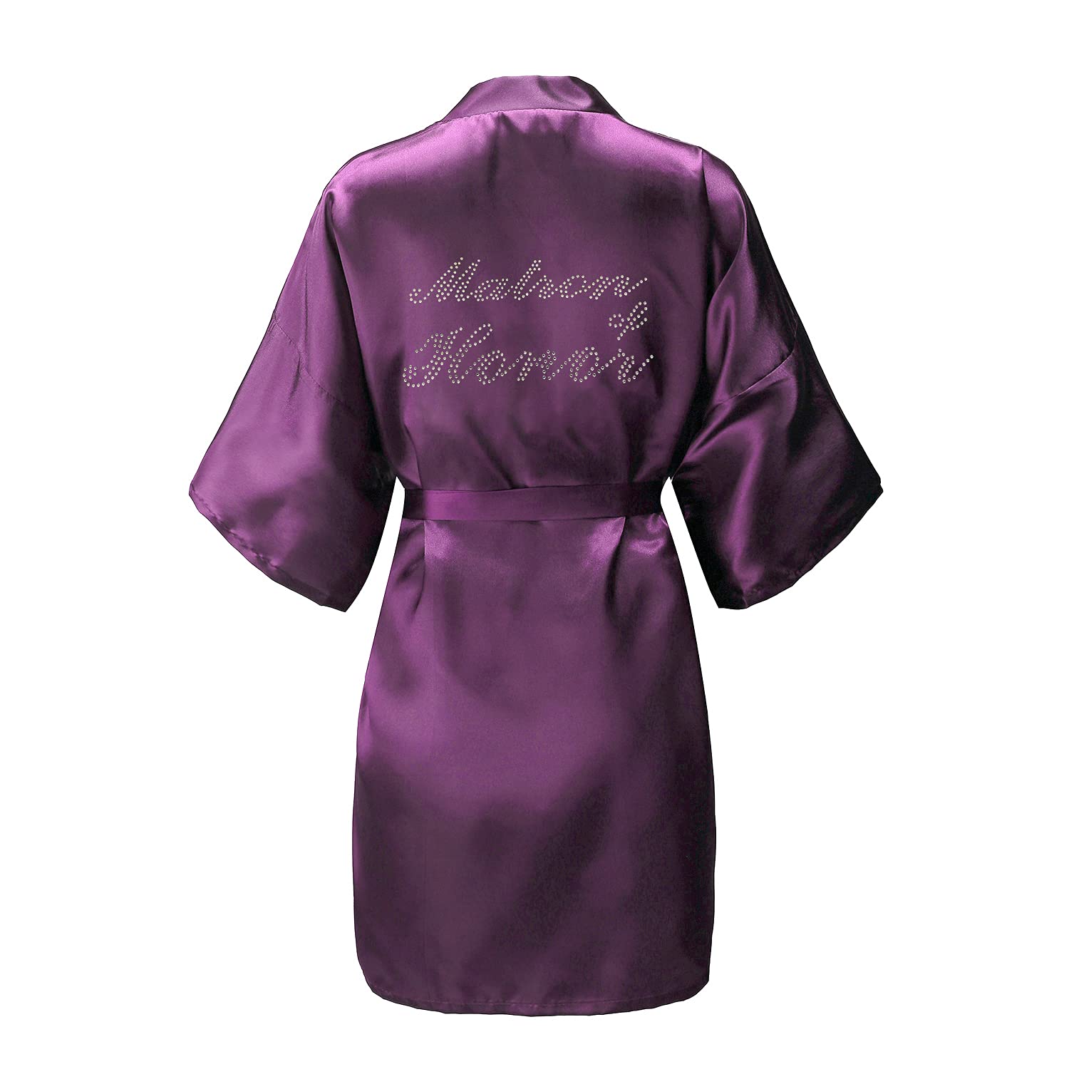 EPLAZA Women's One Size Silver Rhinestones Bride Bridesmaid Short Satin Robes for Wedding Party Getting Ready
