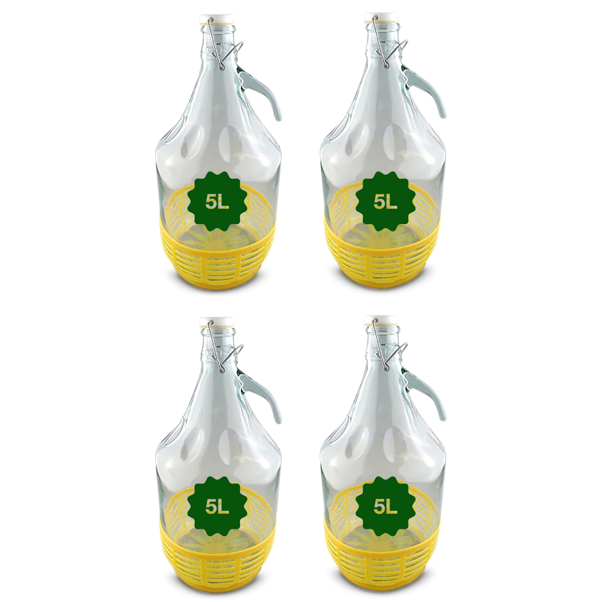Glass Demijohn Set with Swing Cap & Protective Basket - 4 x 5L Natural Carboys for Wine, Mead & Cider Making - Essential Brewing Kit Without Accessories. Set by MYPURECORE