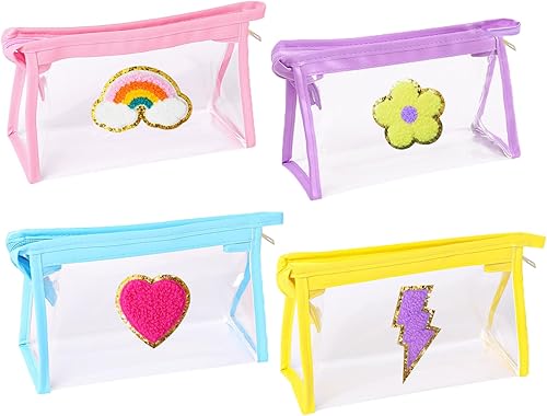 4 bolsas de maquillaje con parches bonitos, transparentes para artículos de tocador, bolsas de cosméticos de felpilla de viaje, bolsa para el