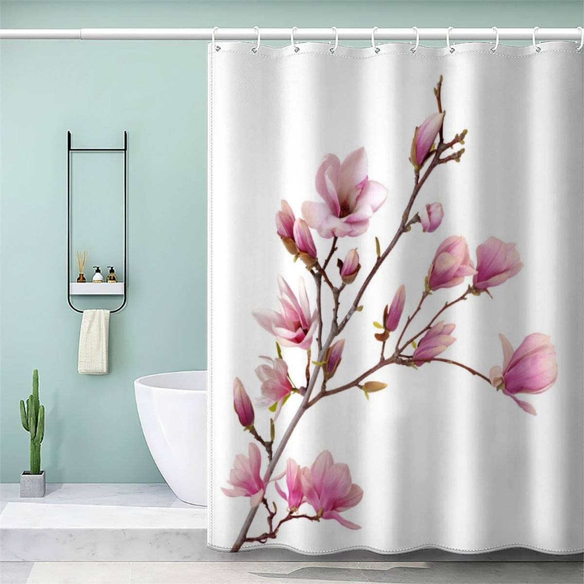 AOLIGL Shower Curtain 180x180cm Waterproof Shower Curtain Pink Magnolia Bath Curtains for Shower Wet Room Unique Printed Branches Shower Curtain Rust Proof Eyelets — image 1