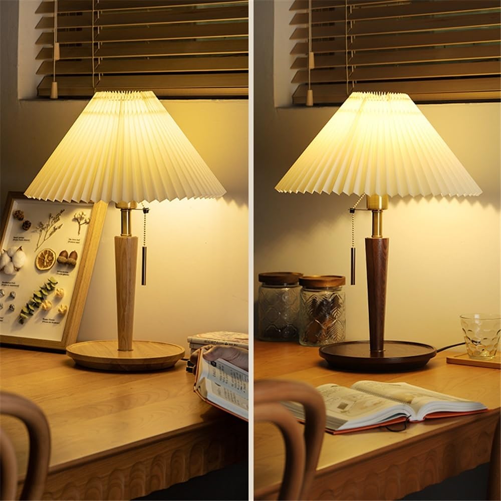 Affascinante Lampada da tavolo in tessuto plissettato in legno, stile retrò, for camera da letto, soggiorno, studio Arredamento per la casa(Natural)