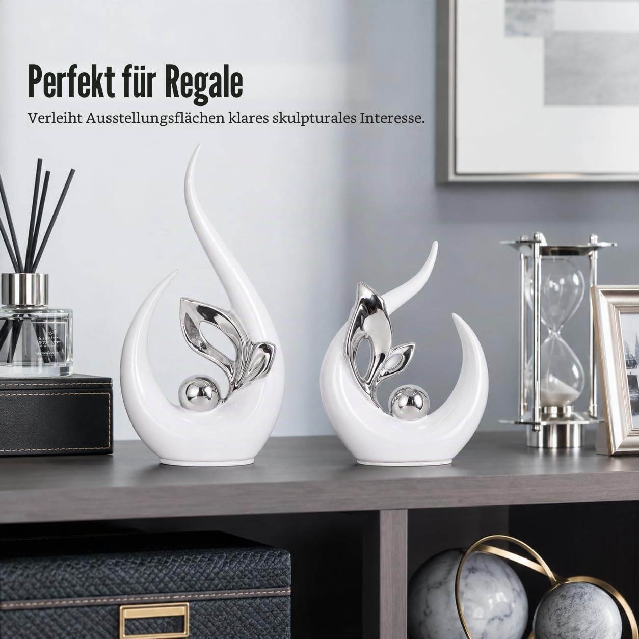 XMGZQ Weiß und Silber Keramik Statue Satz von 2,Moderne Abstrakte Skulptur Design,24 cm Porzellan Figuren Haus Deko,Tischdekoration für Wohnzimmer,Schlafzimmer,Esszimmer,Büro,Kunststatue