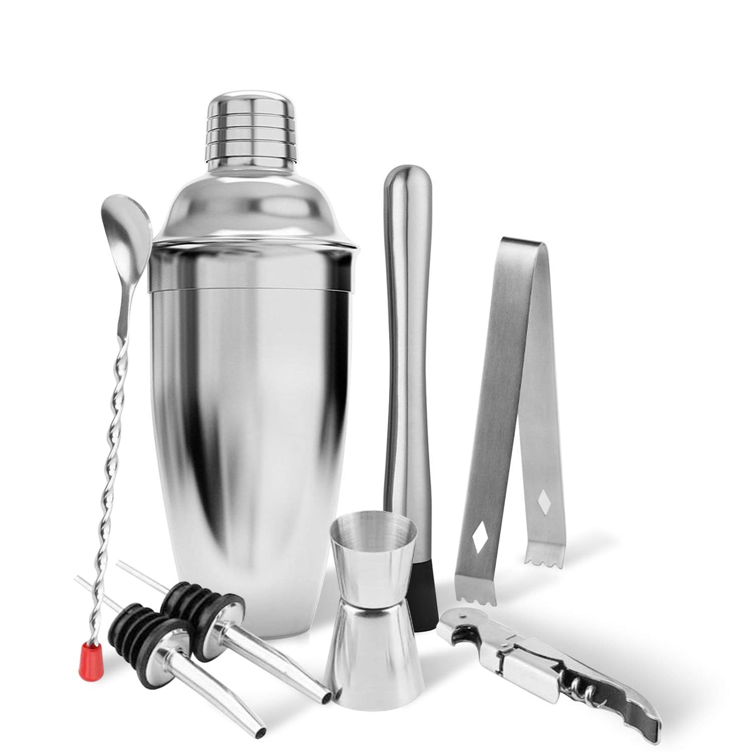 Cocktail Shaker Set, 8 Piece Basic Bartender Kit for Drink Mixing - Martini Shaker, Jigger, Muddler, Bar Spoon, Ice Tong, Corkscrew, Liquor Pourers, Stainless Steel Bar Tools for Beginners(350ml)