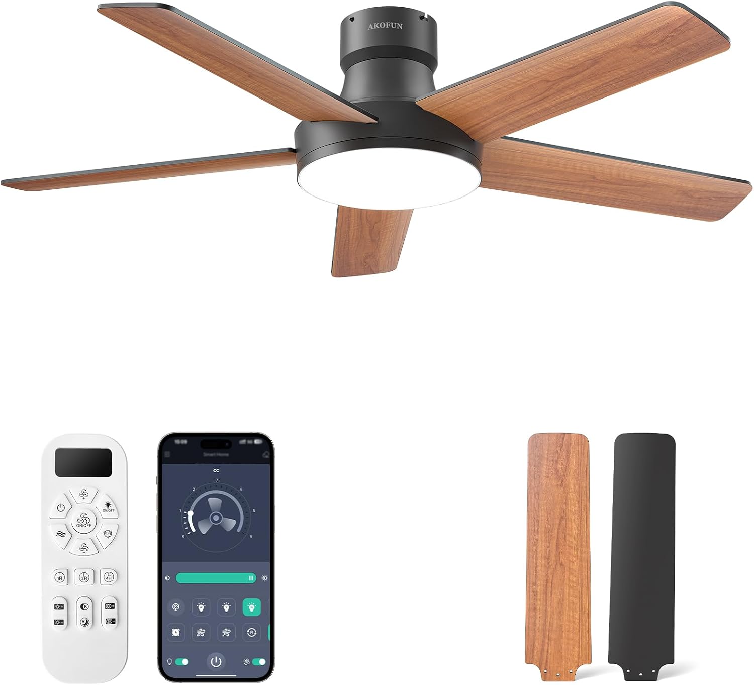Ceiling Fans with Lights, 44 Inch, 6 Speeds, Stepless Color Tones, Dimmable LED, Quiet Reversible DC Motor, Timer, Black Ceiling Fan for Bedroom, Remote/APP/Wall Switch Control, Easy to Install Black 44 inch Flush Mount