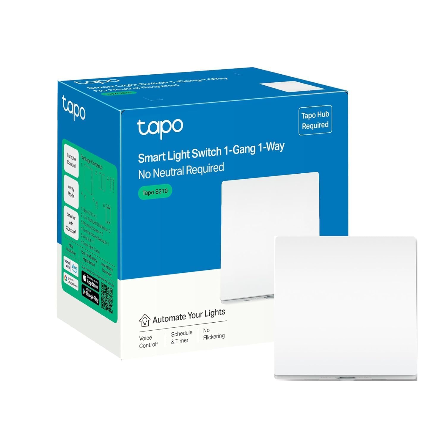 Tapo S210 Smart Light Switch 1 Gang 1 Way, Remote and Voice Control,Away Mode,No Neutral Required,Battery included,Work with Alexa & Google home, Tapo Hub Required sold separately
