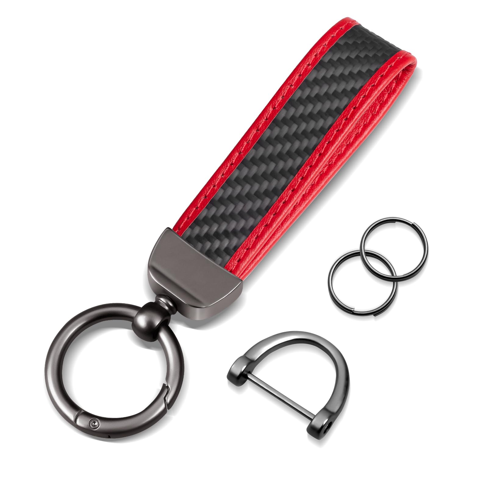 Real Carbon Fiber Car Keychain,Minimalist Leather Edges,Car Key Fob Chain Holder,Car Key Fob Keychains Replacement,Keychains for Men Women,Car Key Accessories,RED