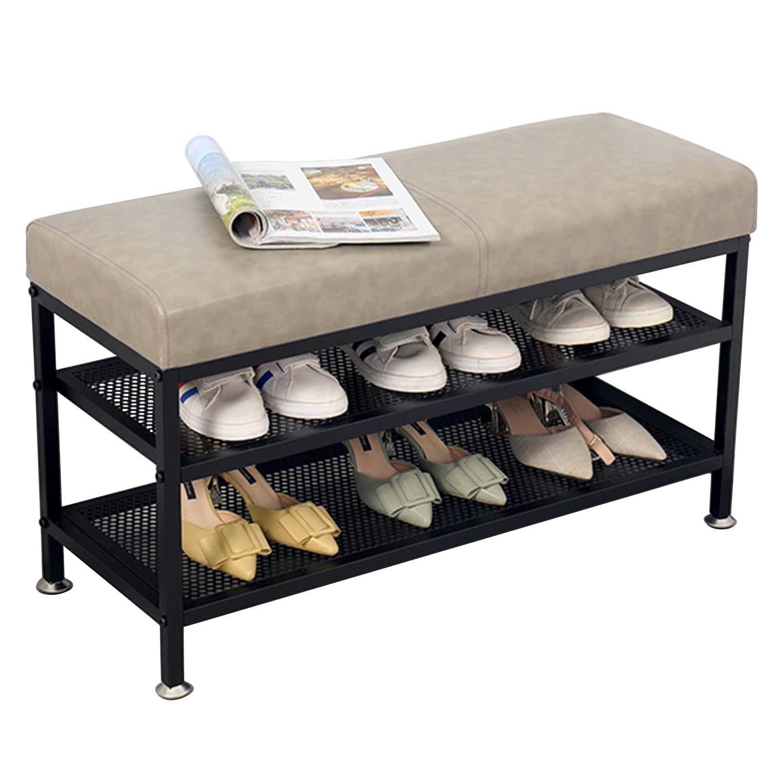 Banc d'entrée moderne cuir gris étagère à chaussures métal meuble rangement couloir porche