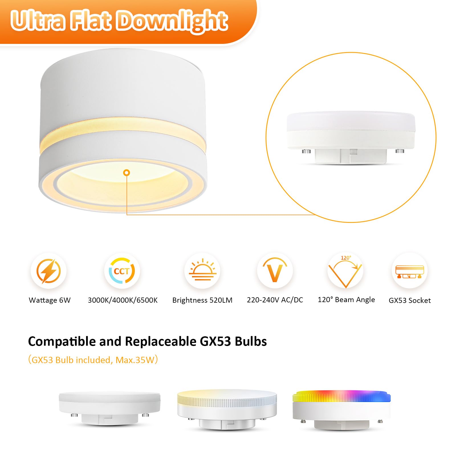 Aufbauspot Deckenspot Weiß flach, Aufbaustrahler 6W CCT 3000K/4000K/6500K, LED Spots Dimmbar, Aufputz Spots 230V mit GX53 Fassung, Deckenstrahler Aluminium für Schlafzimmer, Badezimmer 4Stück