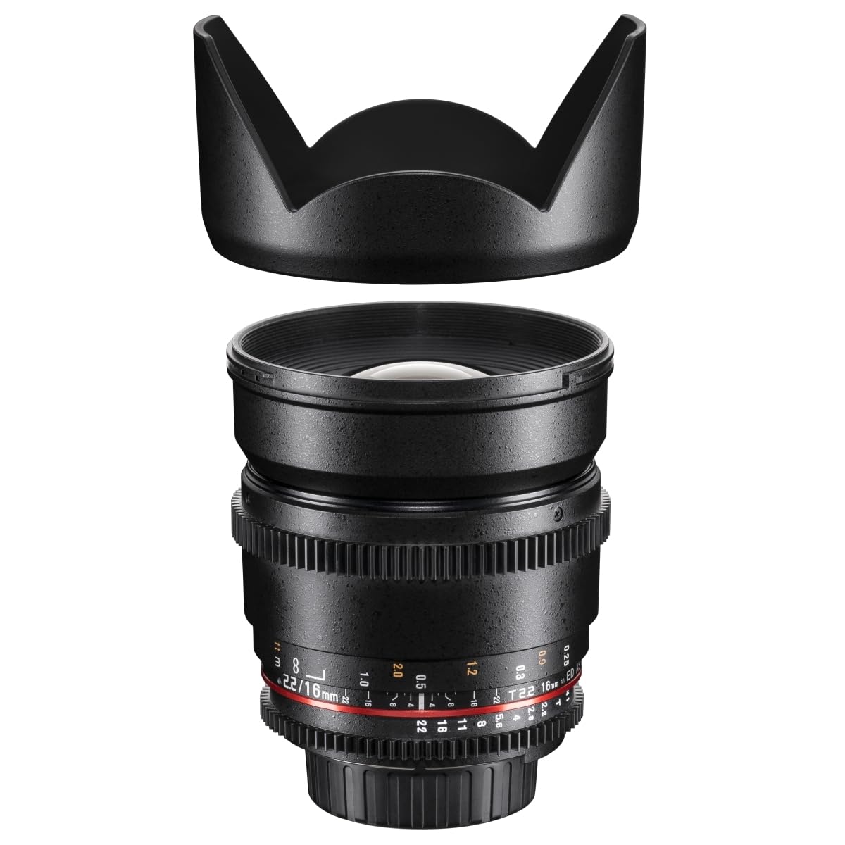 Walimex pro Obiettivo grandangolare video e foto 16mm 1:2.2 VCSC (filettatura filtro 77mm, paraluce, ghiera ingranaggi, apertura e messa a fuoco stepless) compatibile con baionetta Sony E nero