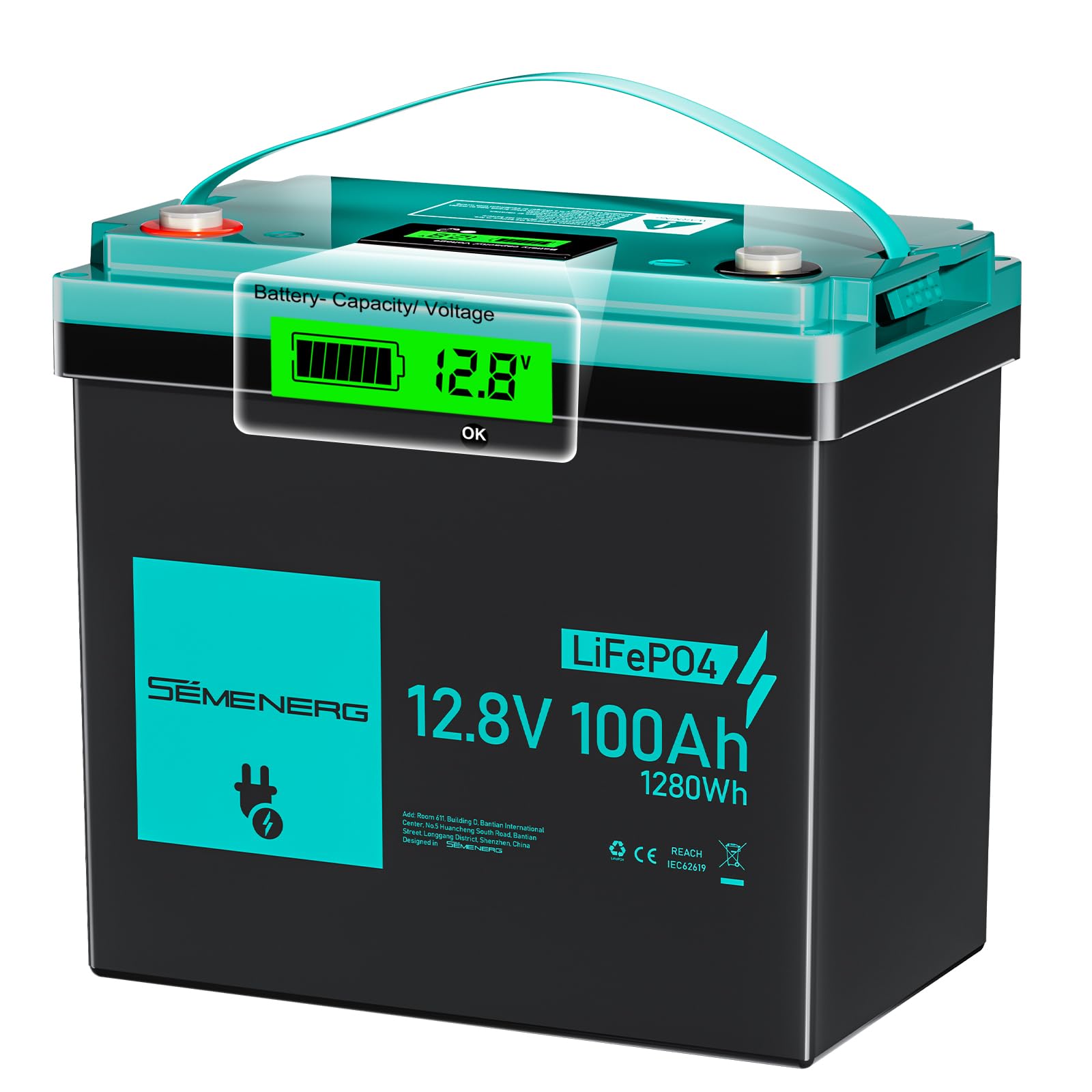 Batteria al Litio da LiFePO4 Mini 12V 100Ah con LED, 100A Intelligente BMS & Max.15000 Cicli, Batteria 12 Volt Deep Cycle 1280 Wh Ricaricabile per Camper, Sistemi a Energia Solare, Campeggio