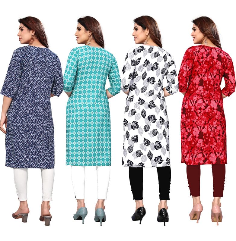 Image of JAKHANA Women's Crepe Printed Casual Straight Calf Length Round Nick Kurta Pack of 4