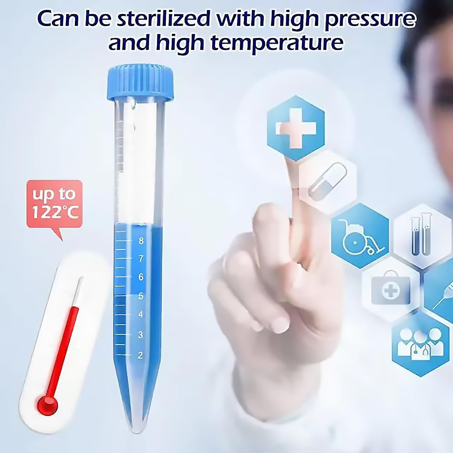Bipee Plastic Centrifuge Tubes, 15ml, Conical Bottom, Graduated Marks, Blue Screw Cap, Pack of 100pcs