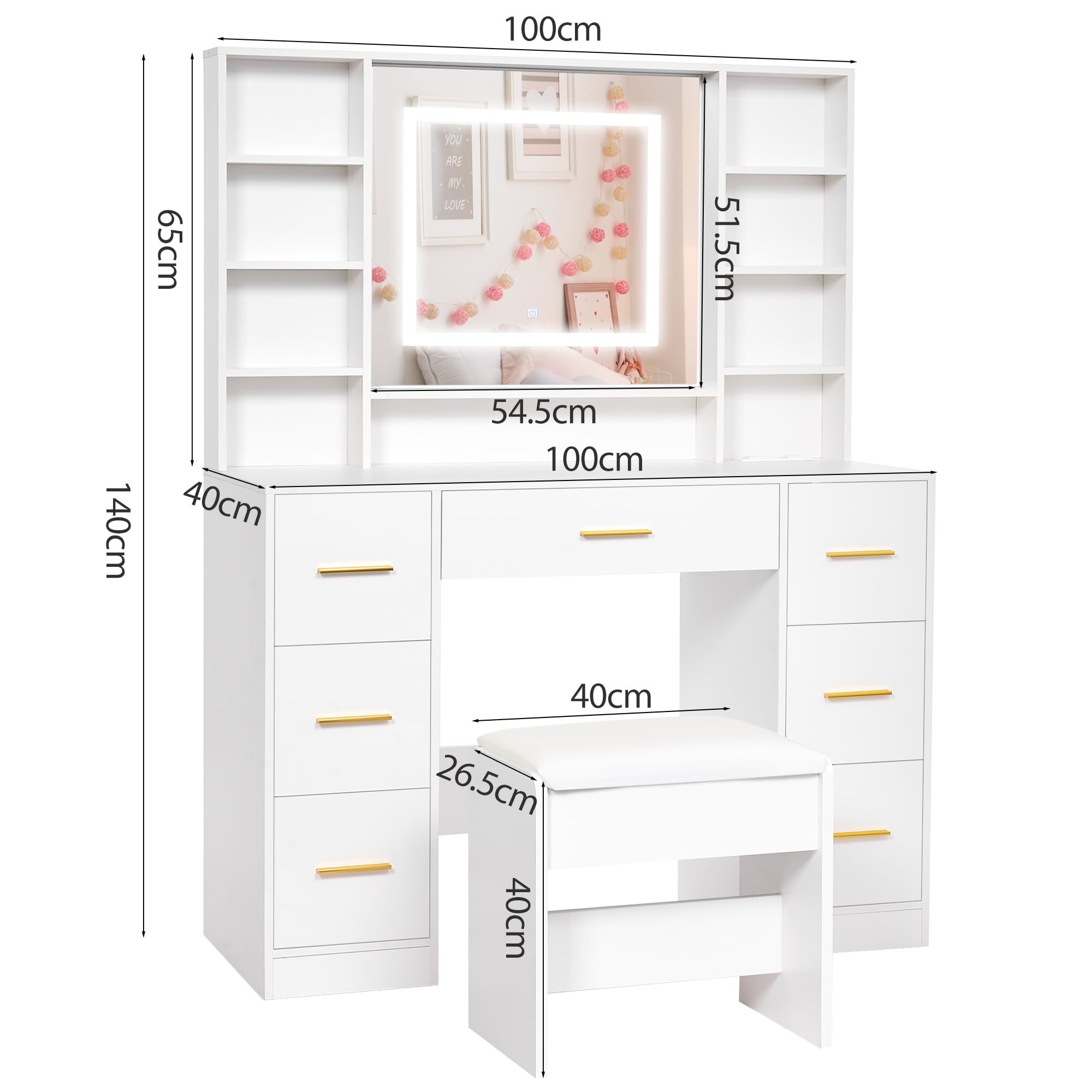 ANWBROAD Große Schminktisch mit LED-Beleuchtung und Steckdosen Moderner Weiß Kosmetiktisch mit Spiegel und Hocker 7 Schubladen und 4 Ablagen Frisiertisch 140×100×40cm BDT65W