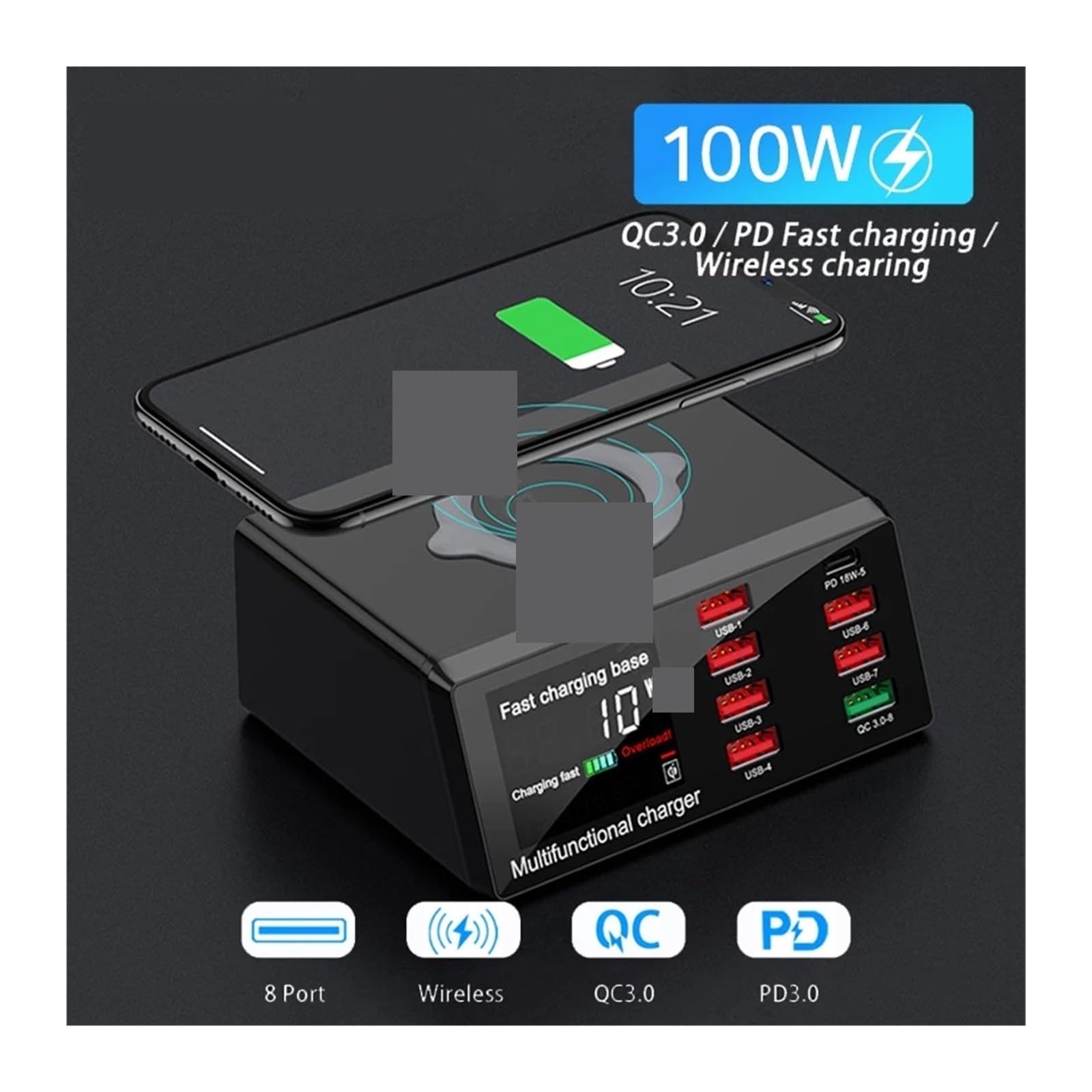100W 8-portowa ładowarka USB Adapter szybkiego ładowania 3.0 Bezprzewodowa ładowarka Stacja ładująca Szybka ładowarka PD