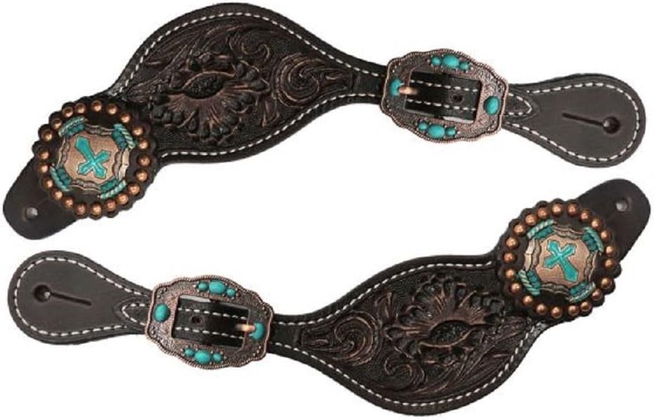 Showman Ladies Chocolate Floral Tooled Leather Vintage Turquoise Cross Conchos Spur Straps